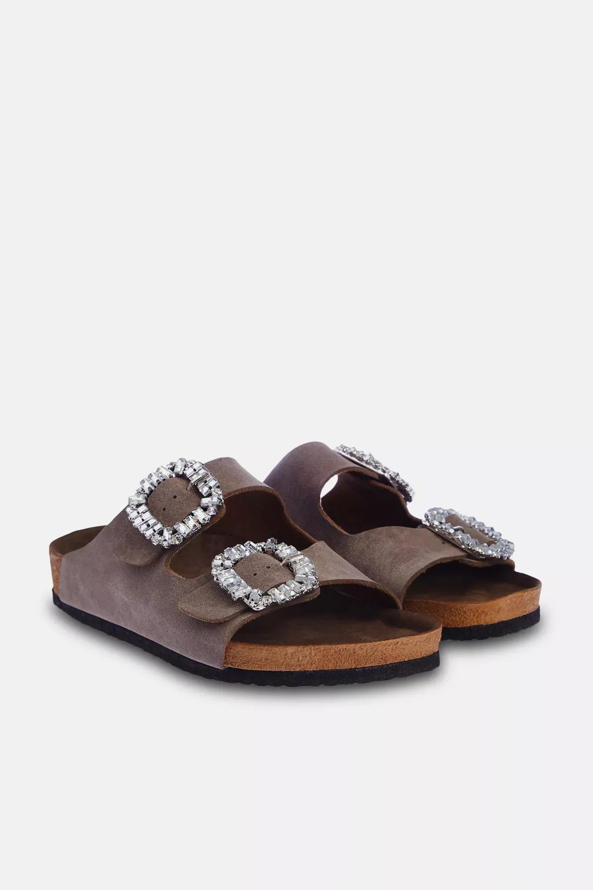 Brown Grey double buckle slippers, Mink, medium