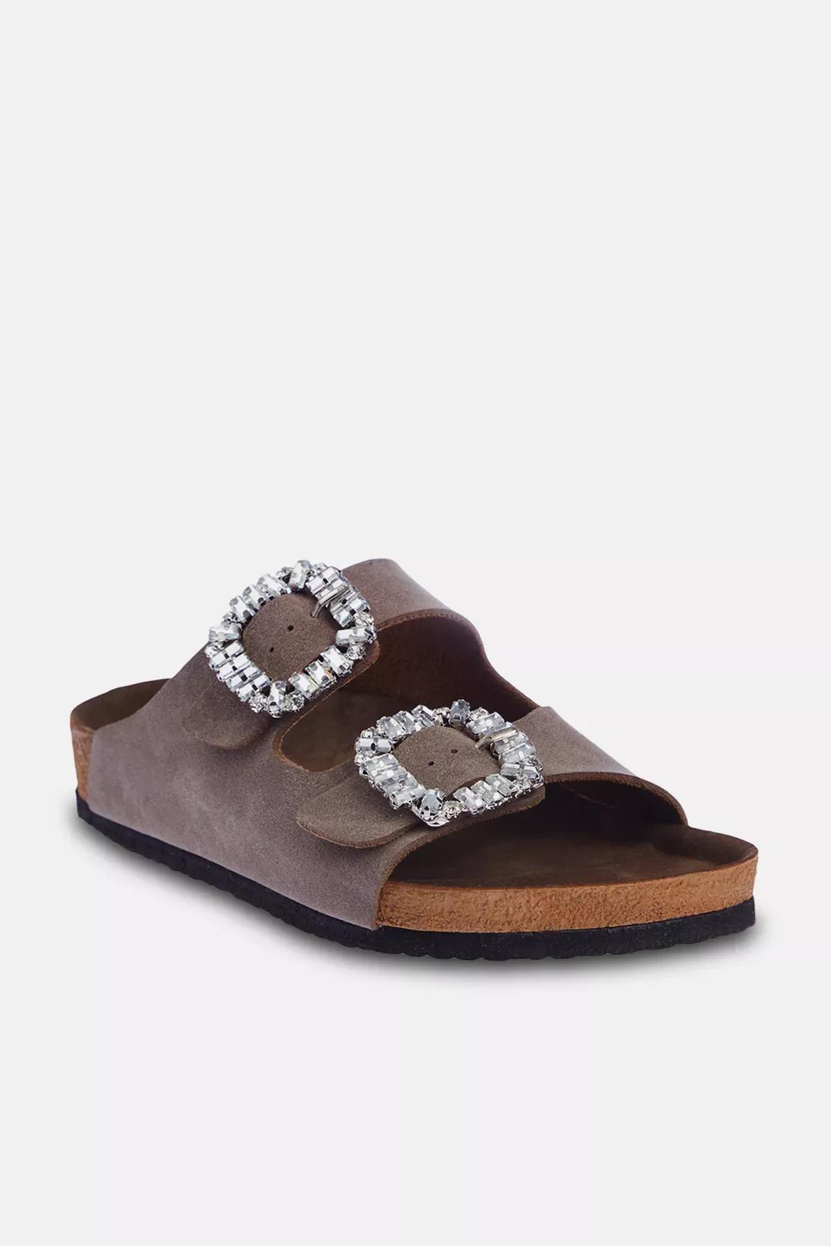 Brown Grey double buckle slippers, , large image number 3