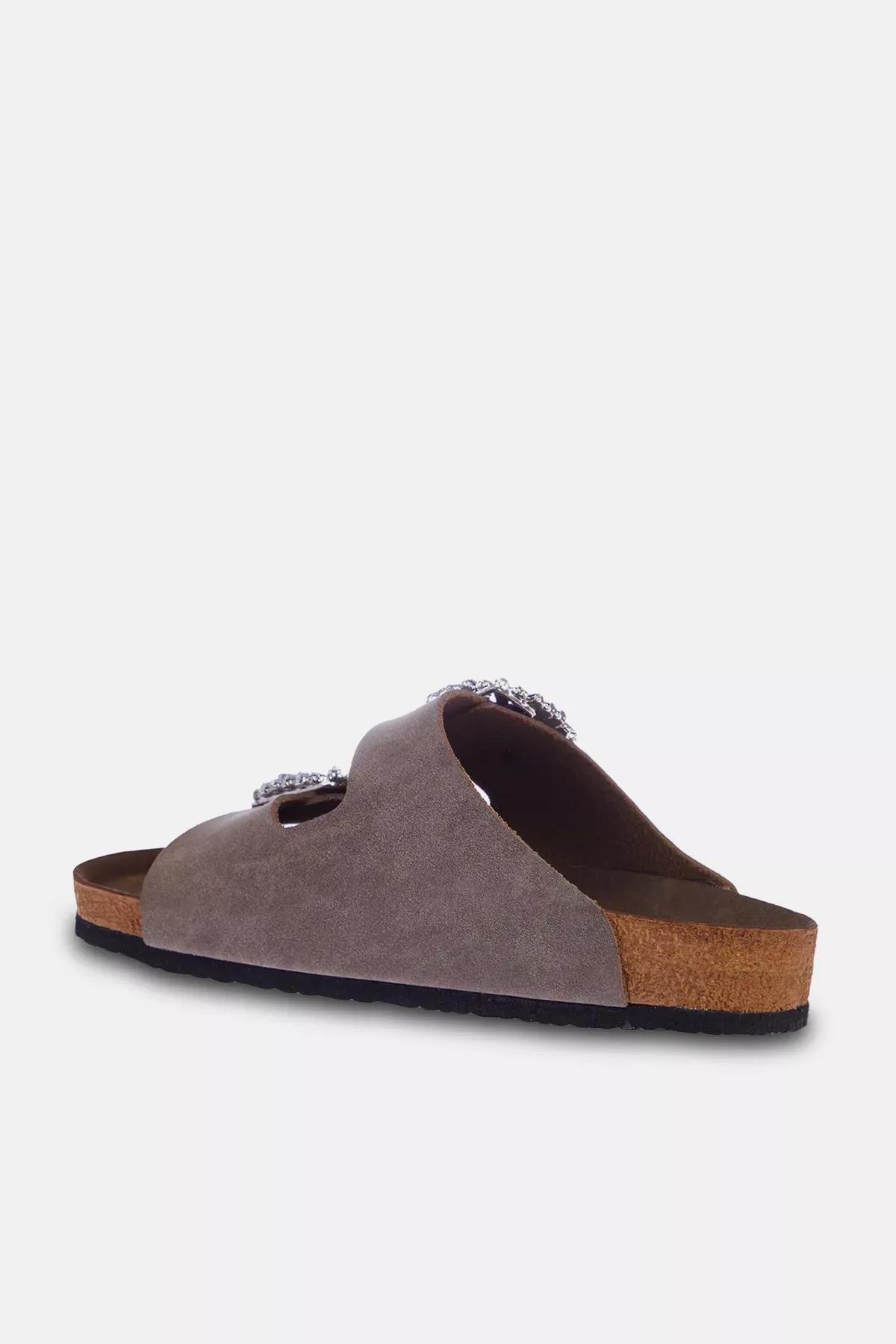 Brown Grey double buckle slippers, , large image number 4