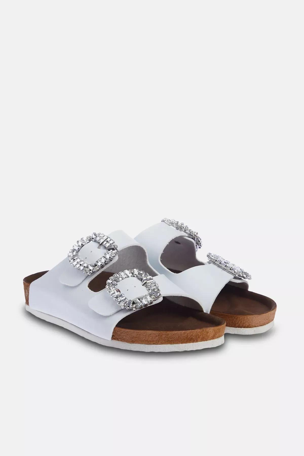 White Detailed Double Buckled Slippers, , large image number 0