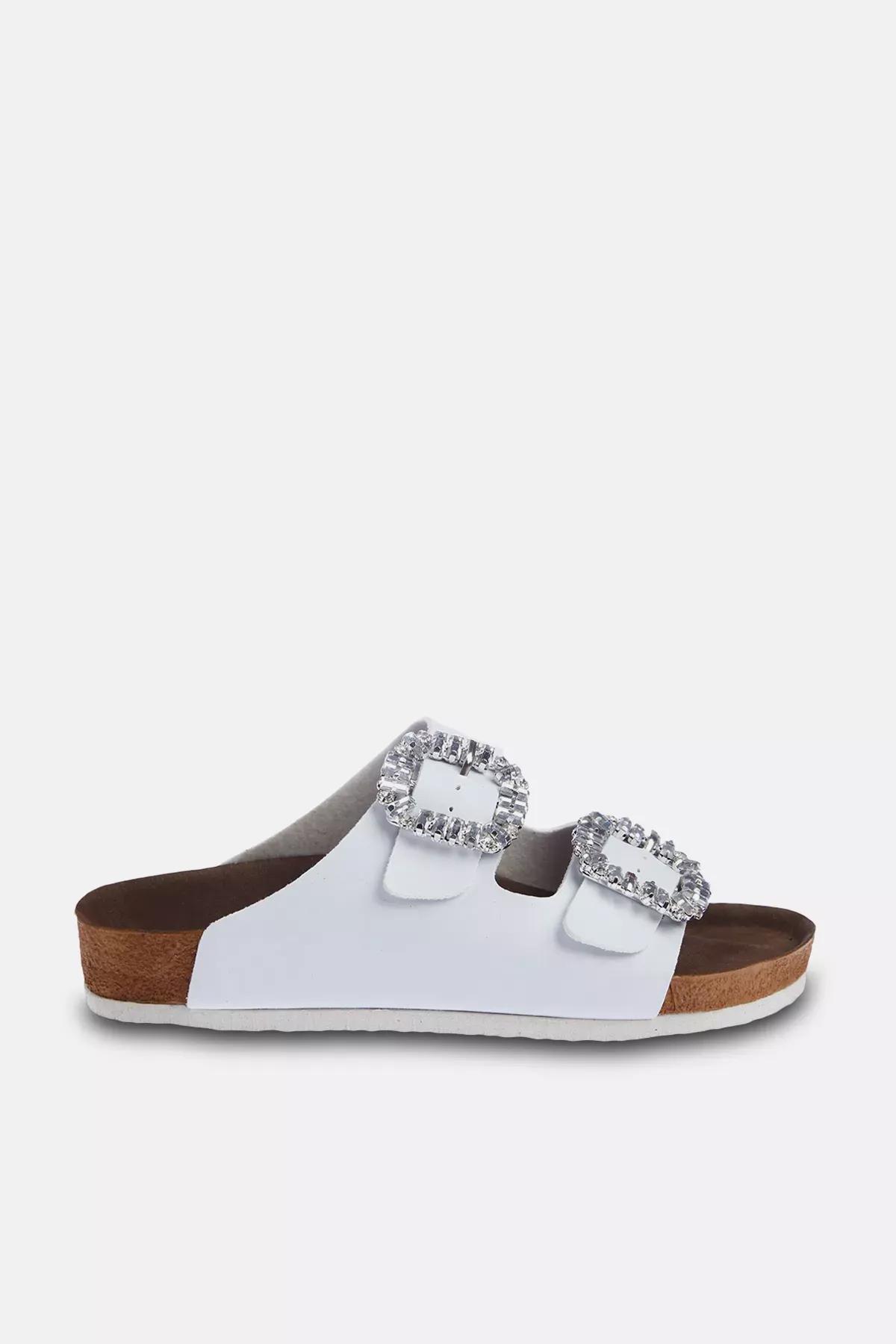 White Detailed Double Buckled Slippers, , large image number 1