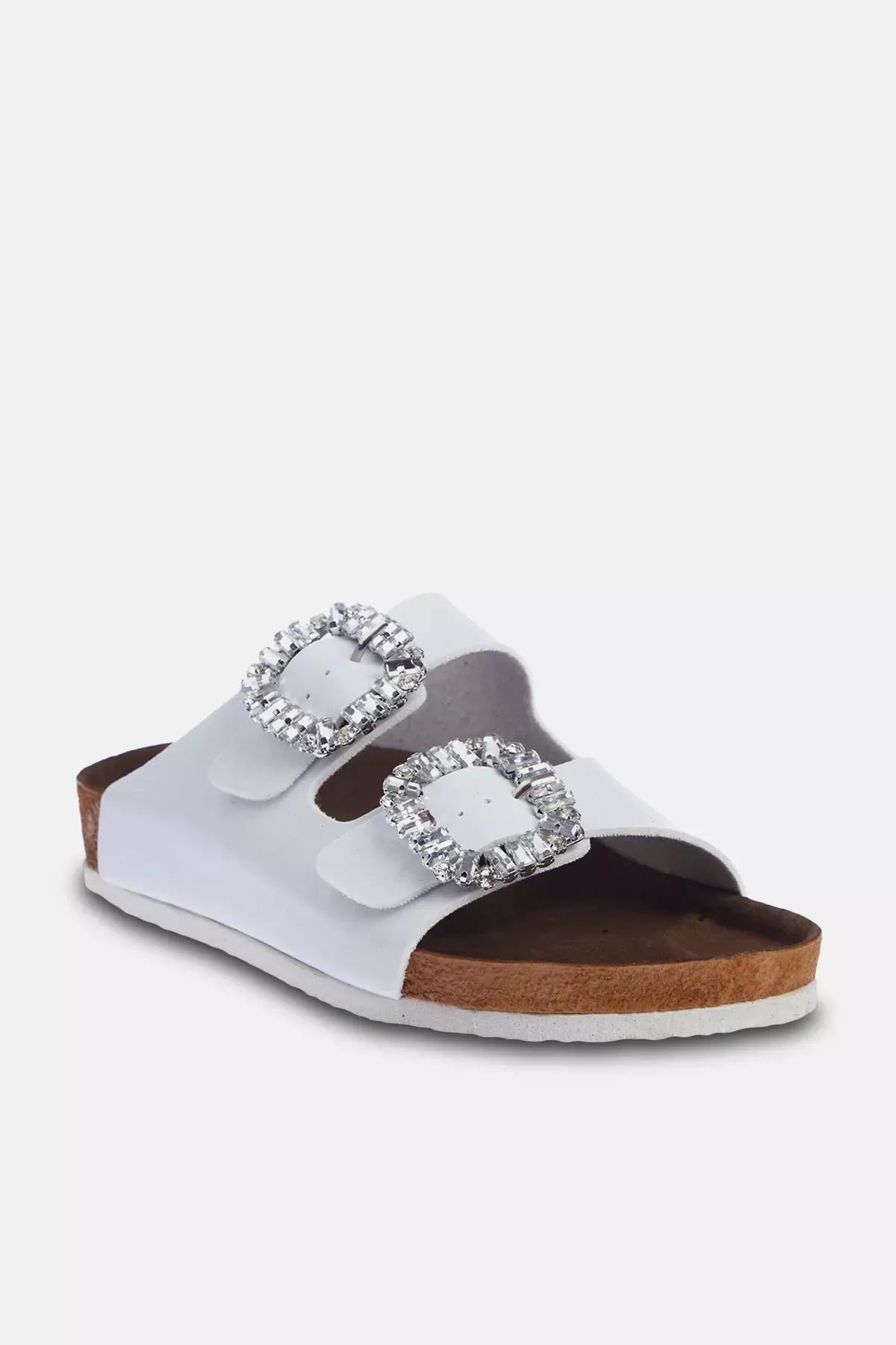 White Detailed Double Buckled Slippers, White, medium