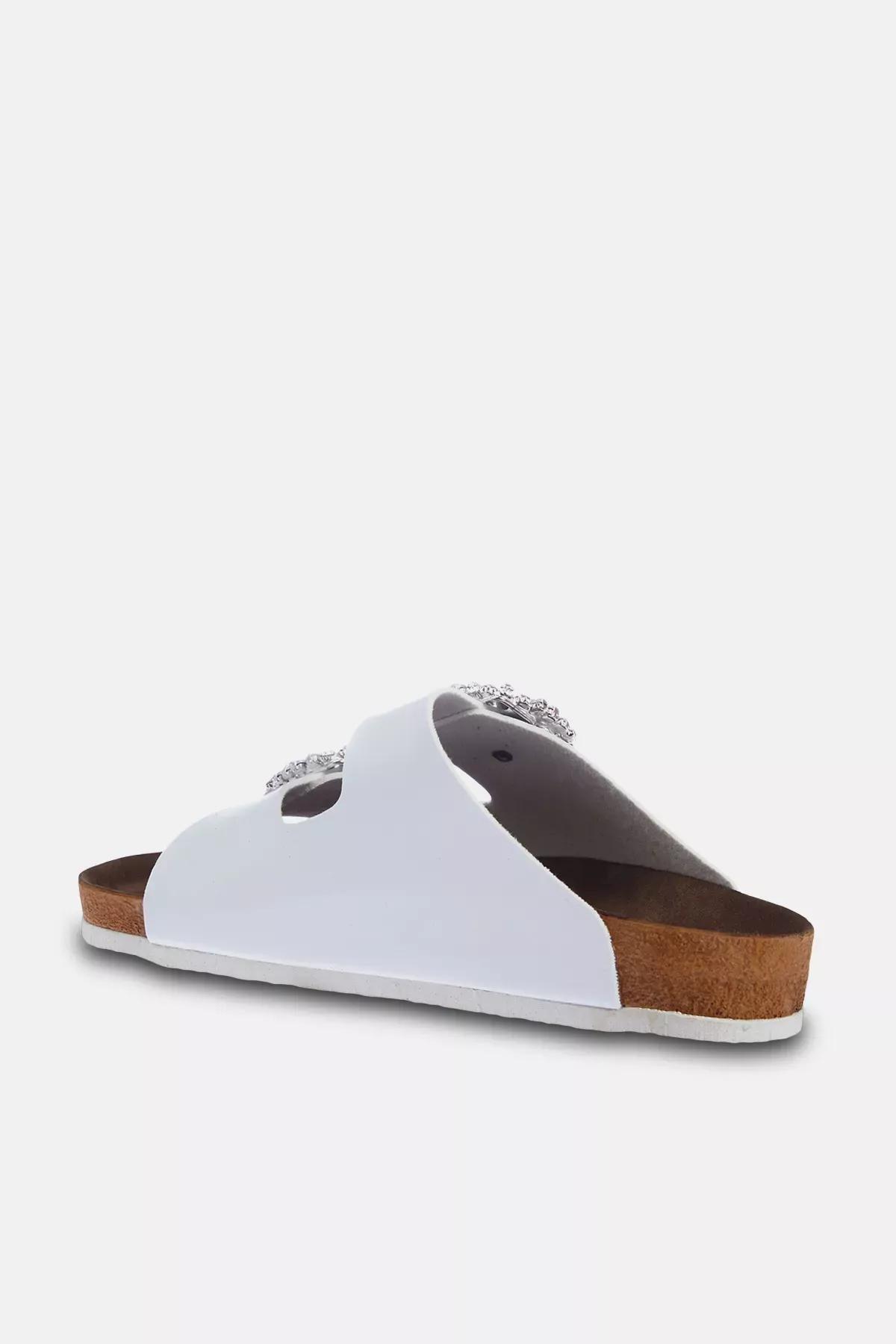 White Detailed Double Buckled Slippers, , large image number 3