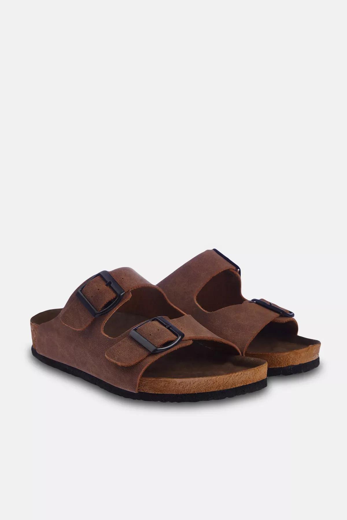 Brown double buckle slippers, Brown, medium