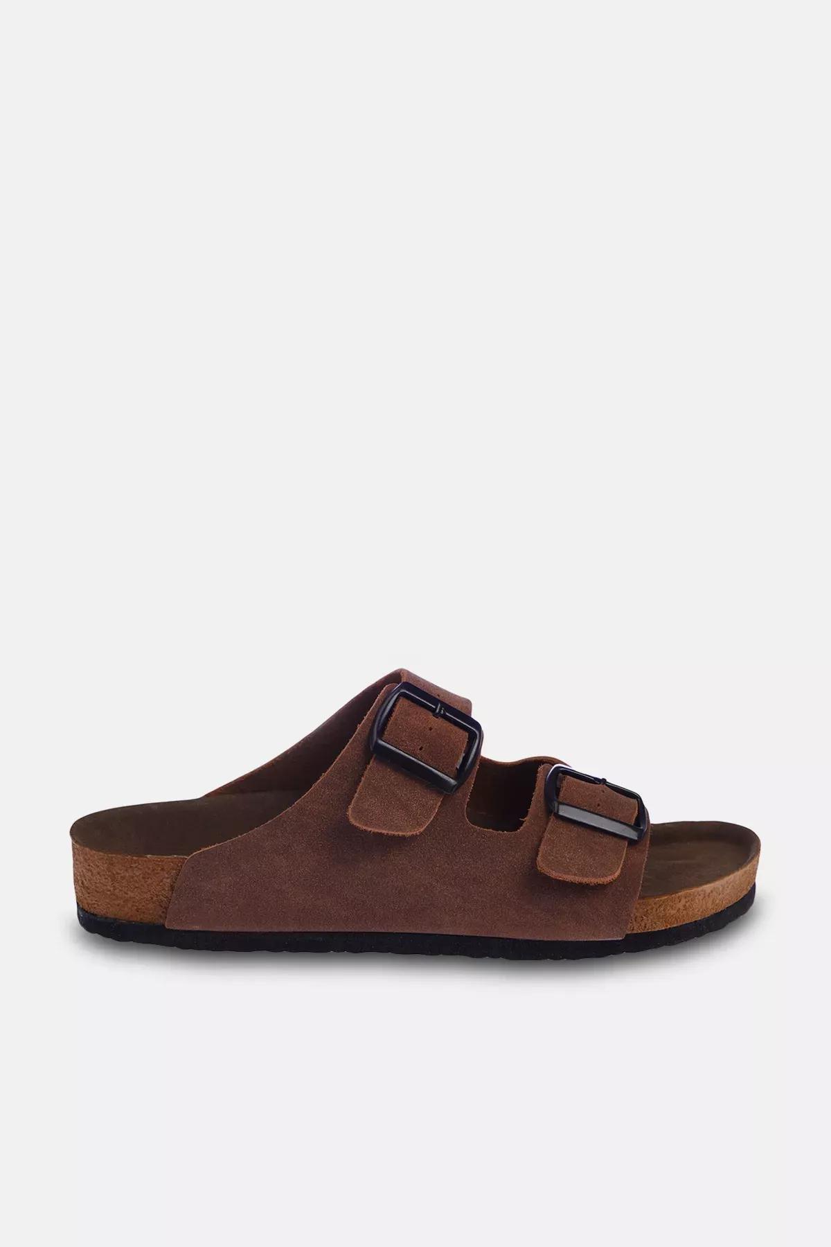 Brown double buckle slippers, Brown, medium
