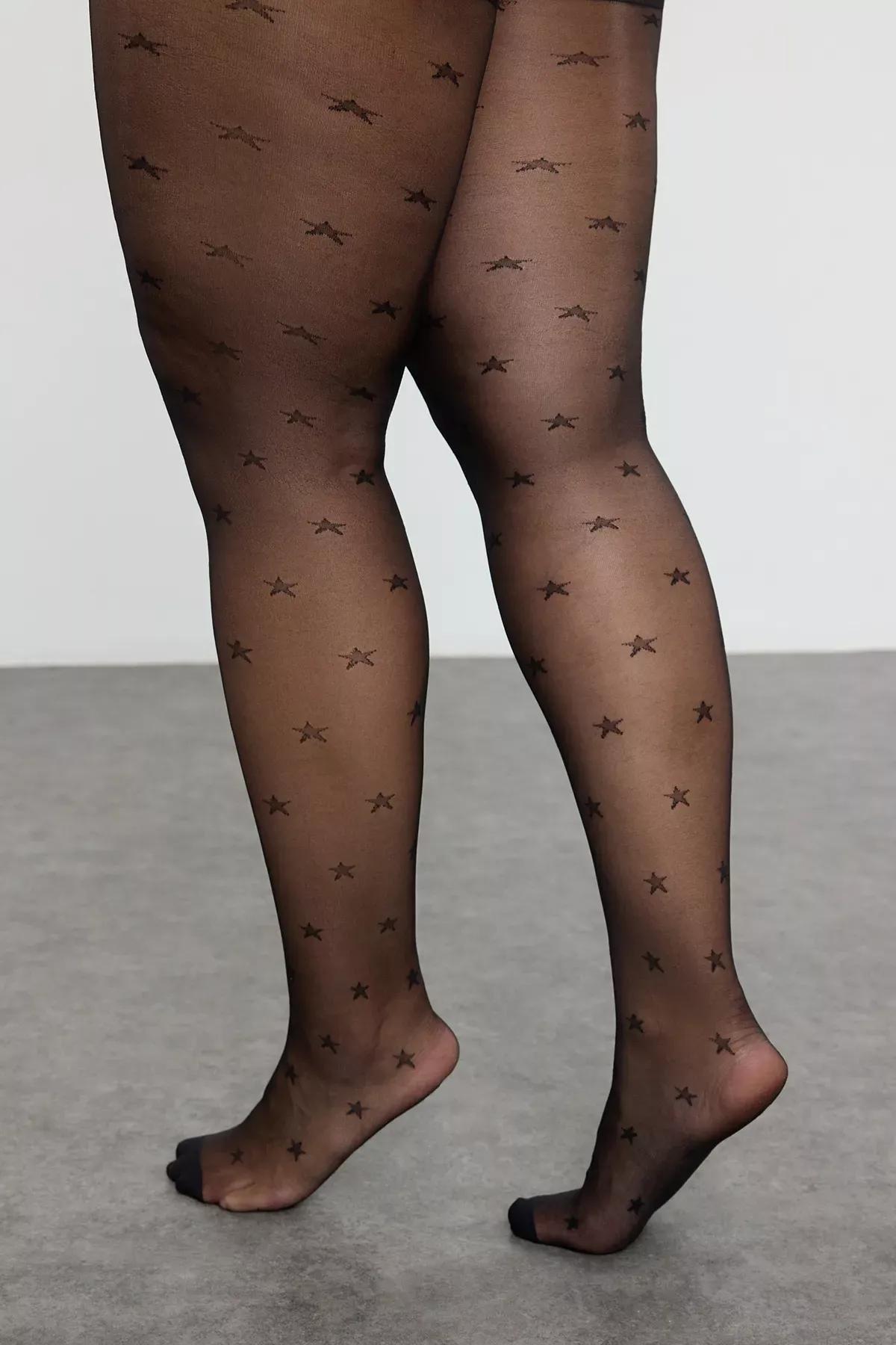 Black Minimal Star Patterned Plus Size Pantyhose, Set Of 2, , large image number 0