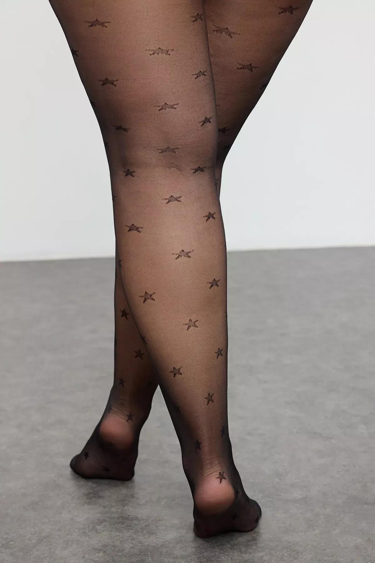 Black Minimal Star Patterned Plus Size Pantyhose, Set Of 2, , large image number 1