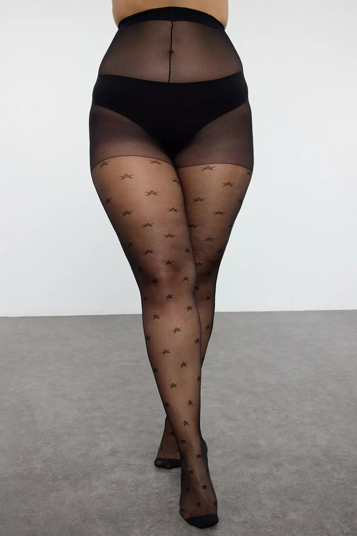 Black Minimal Star Patterned Plus Size Pantyhose, Set Of 2, , large image number 2