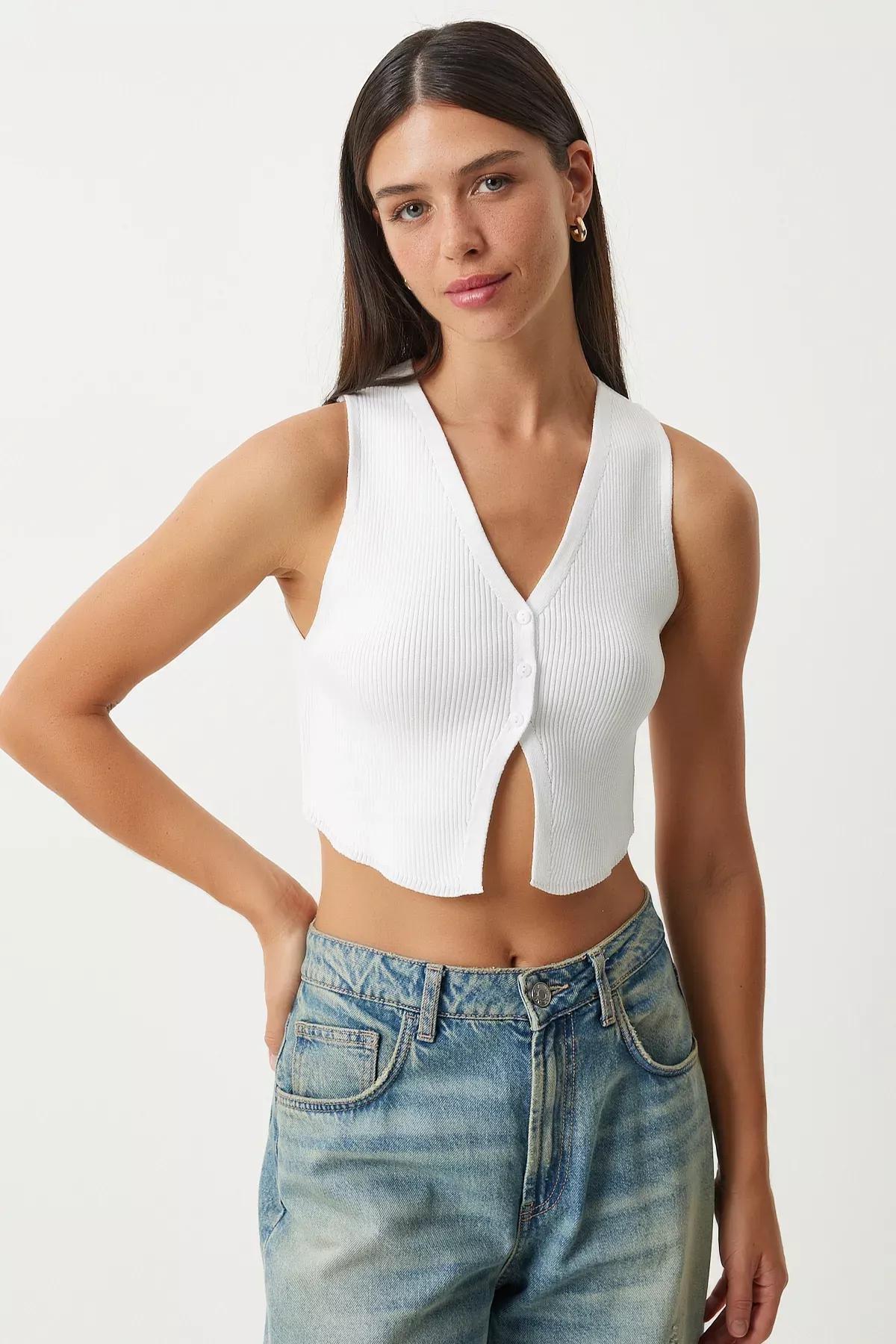 White V-Neck Crop Knit Vest, White, large image number 0