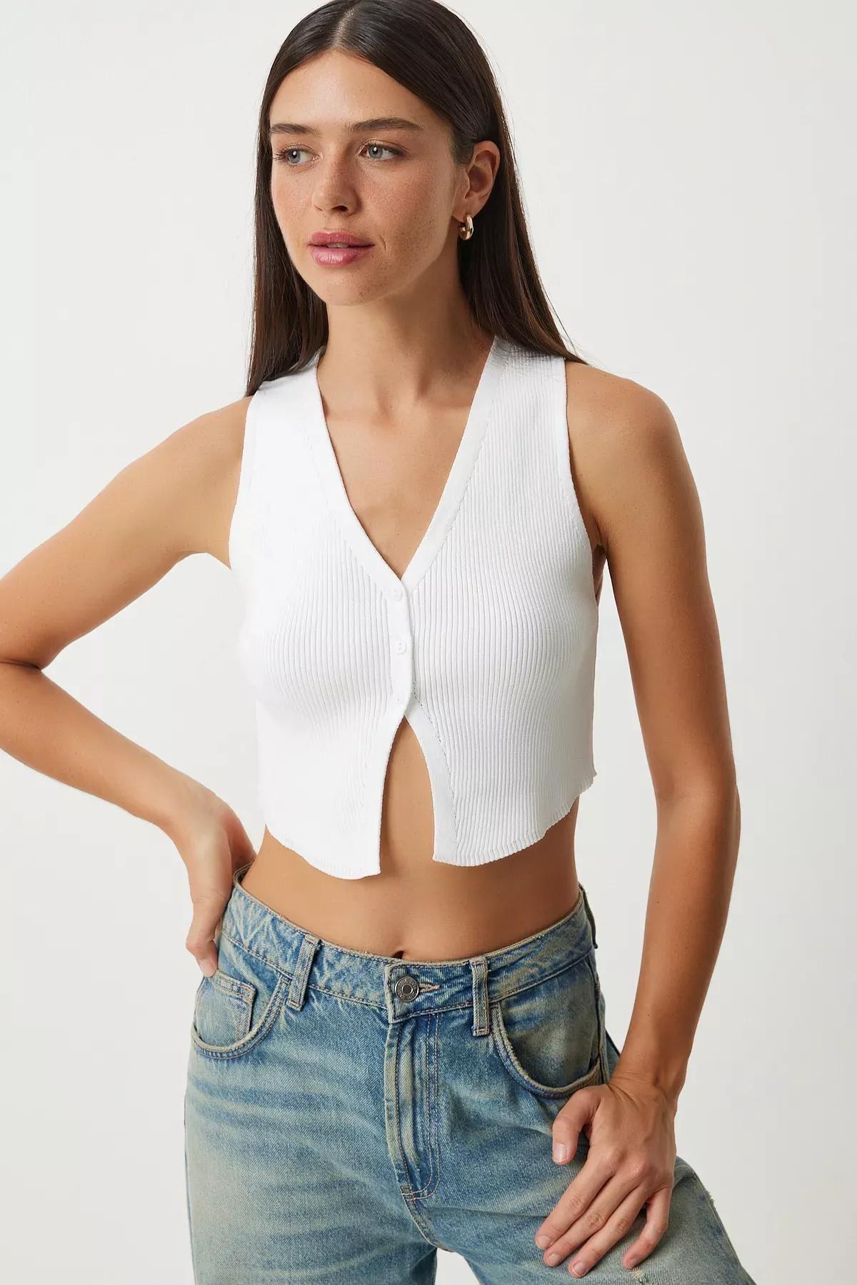 White V-Neck Crop Knit Vest, White, large image number 1
