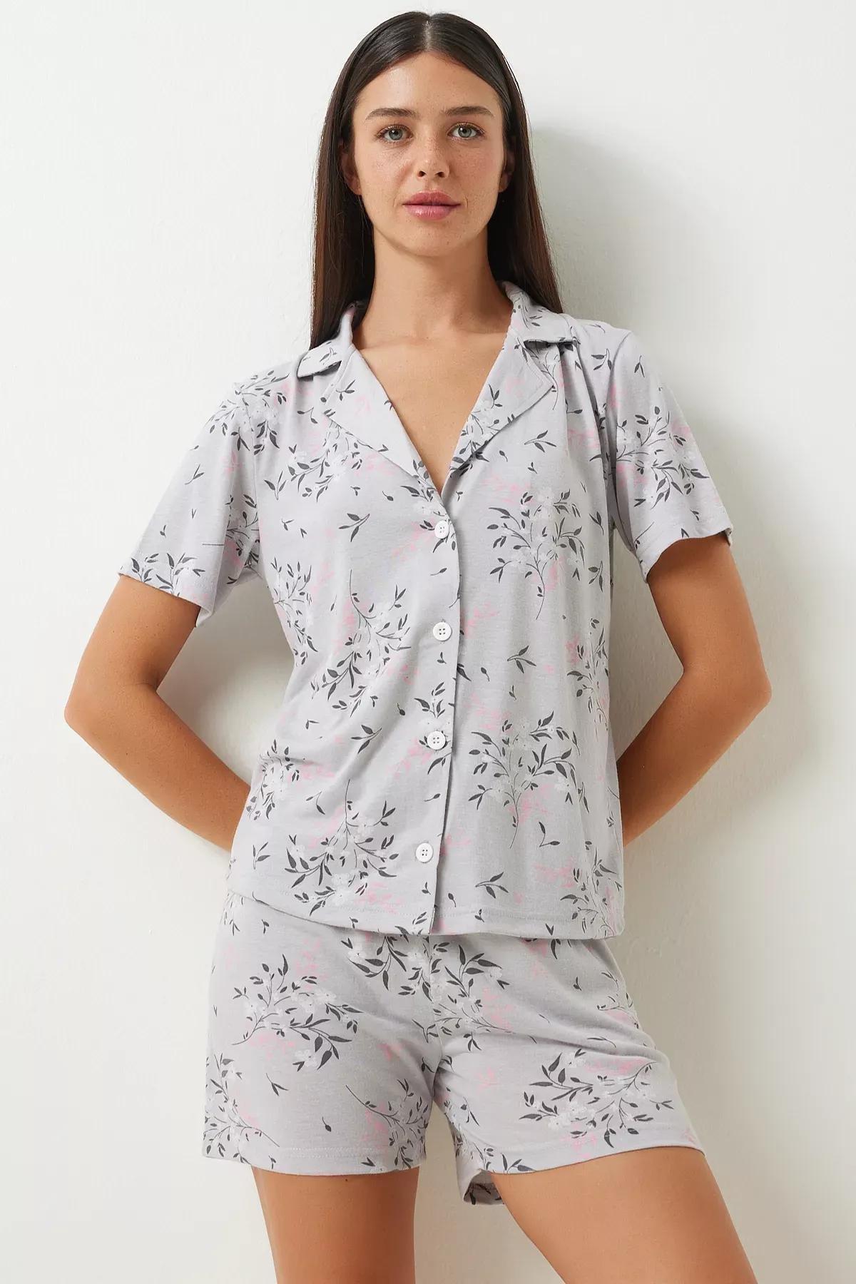 Grey Patterned Viscose Pyjamas Set, , large image number 0