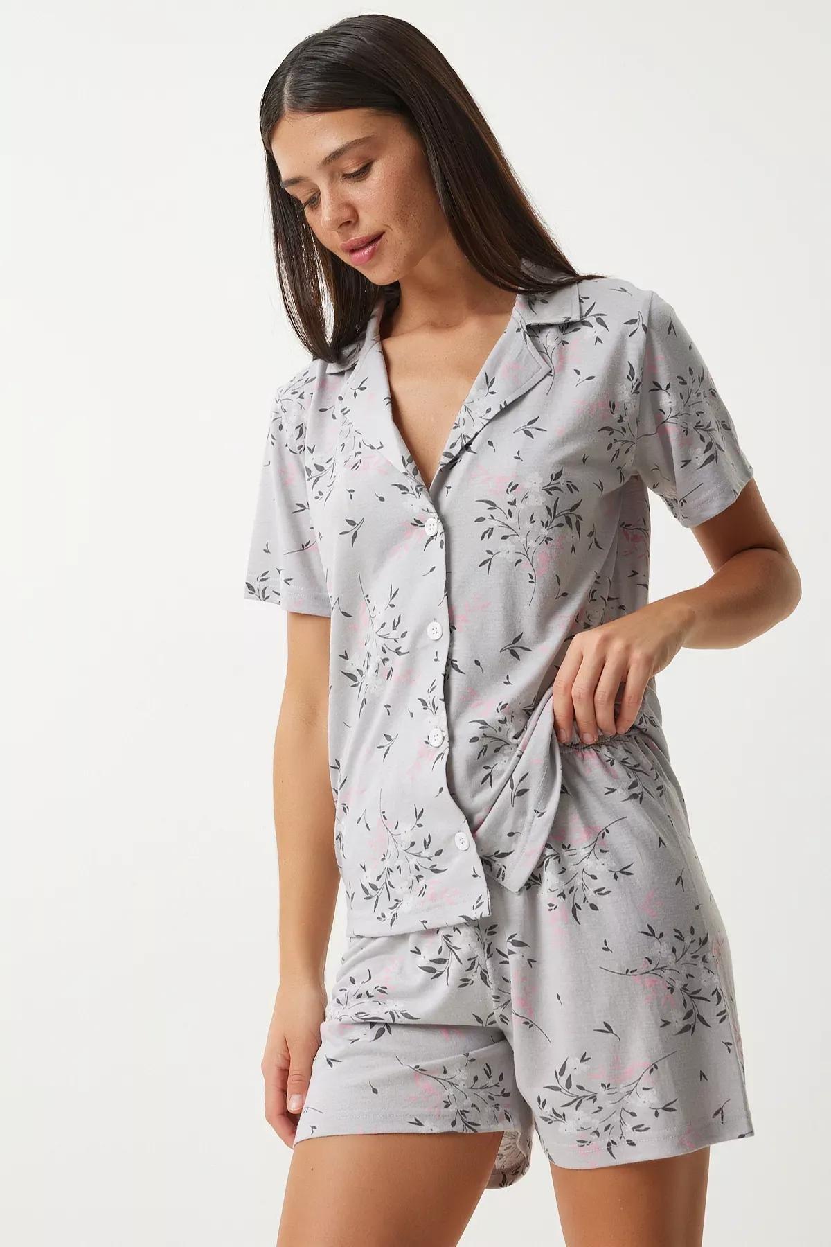 Grey Patterned Viscose Pyjamas Set, , large image number 1