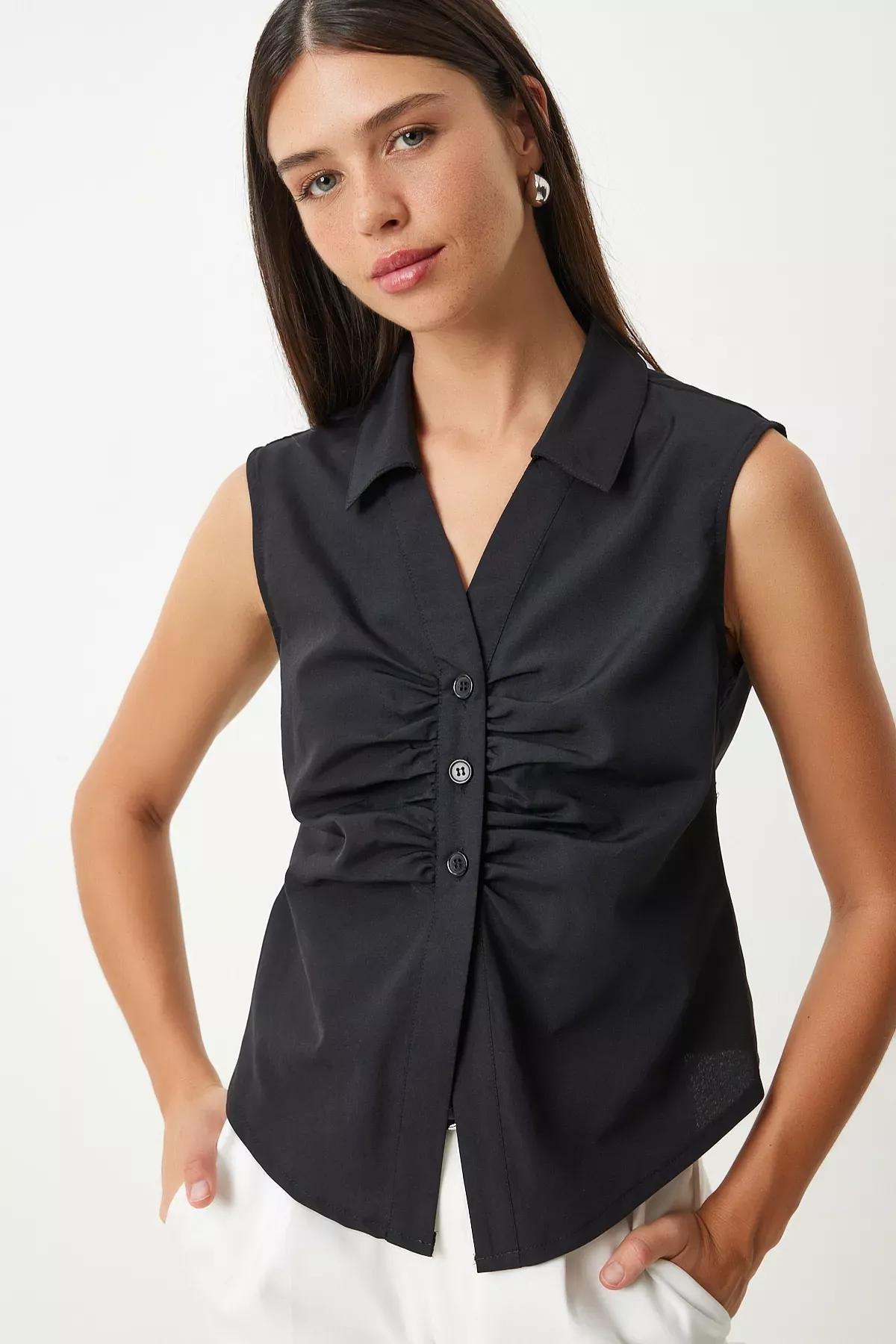 Black Drawstring Detailed Sleeveless Shirt, , large image number 0