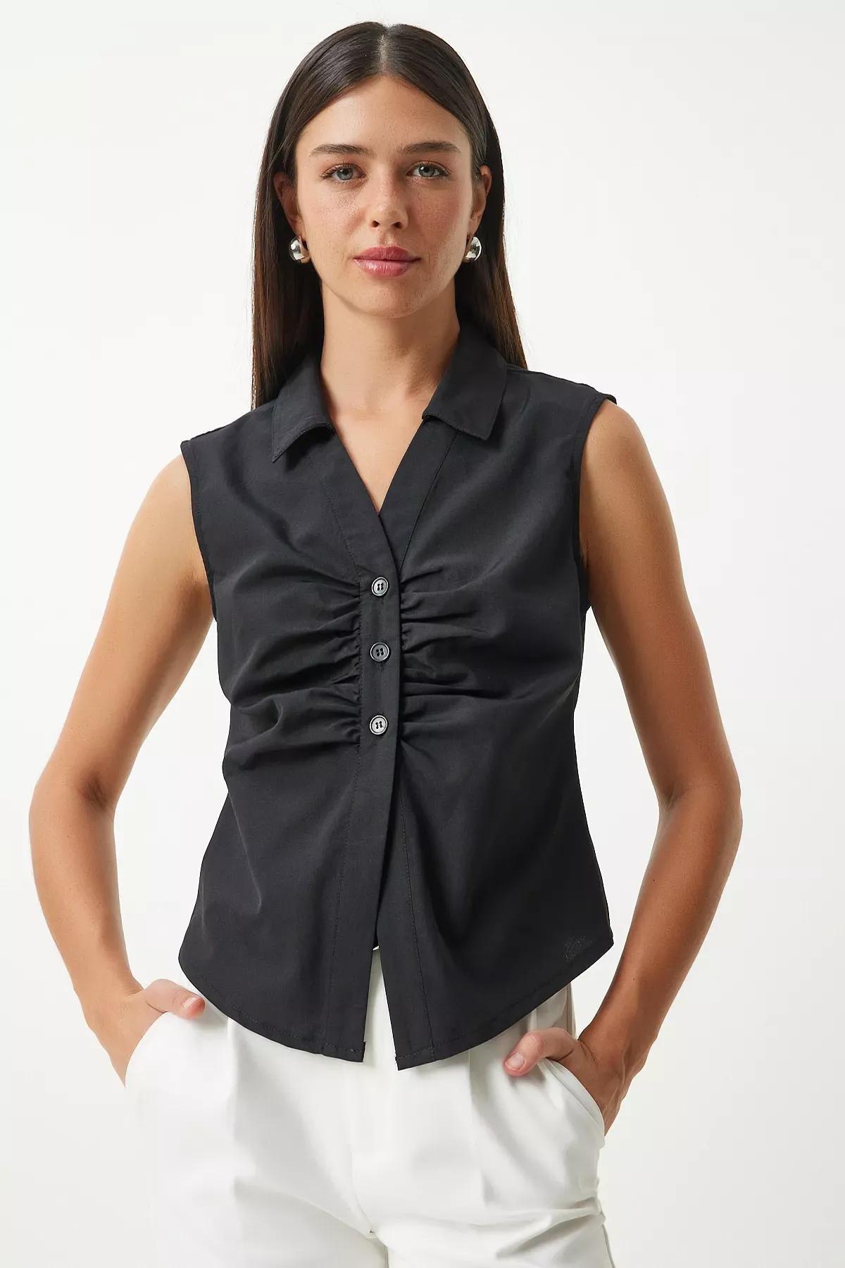 Black Drawstring Detailed Sleeveless Shirt, , large image number 1