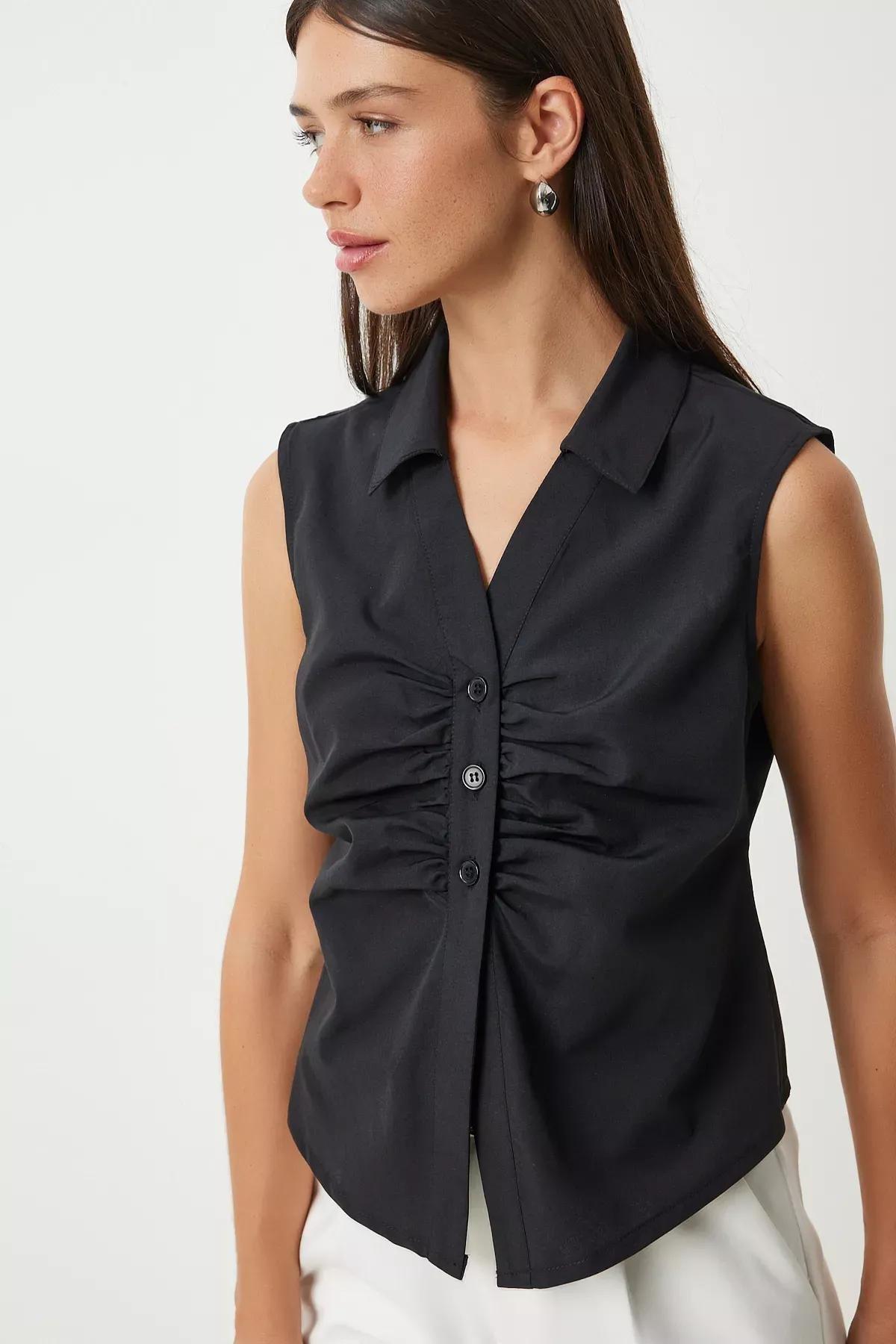 Black Drawstring Detailed Sleeveless Shirt, , large image number 2