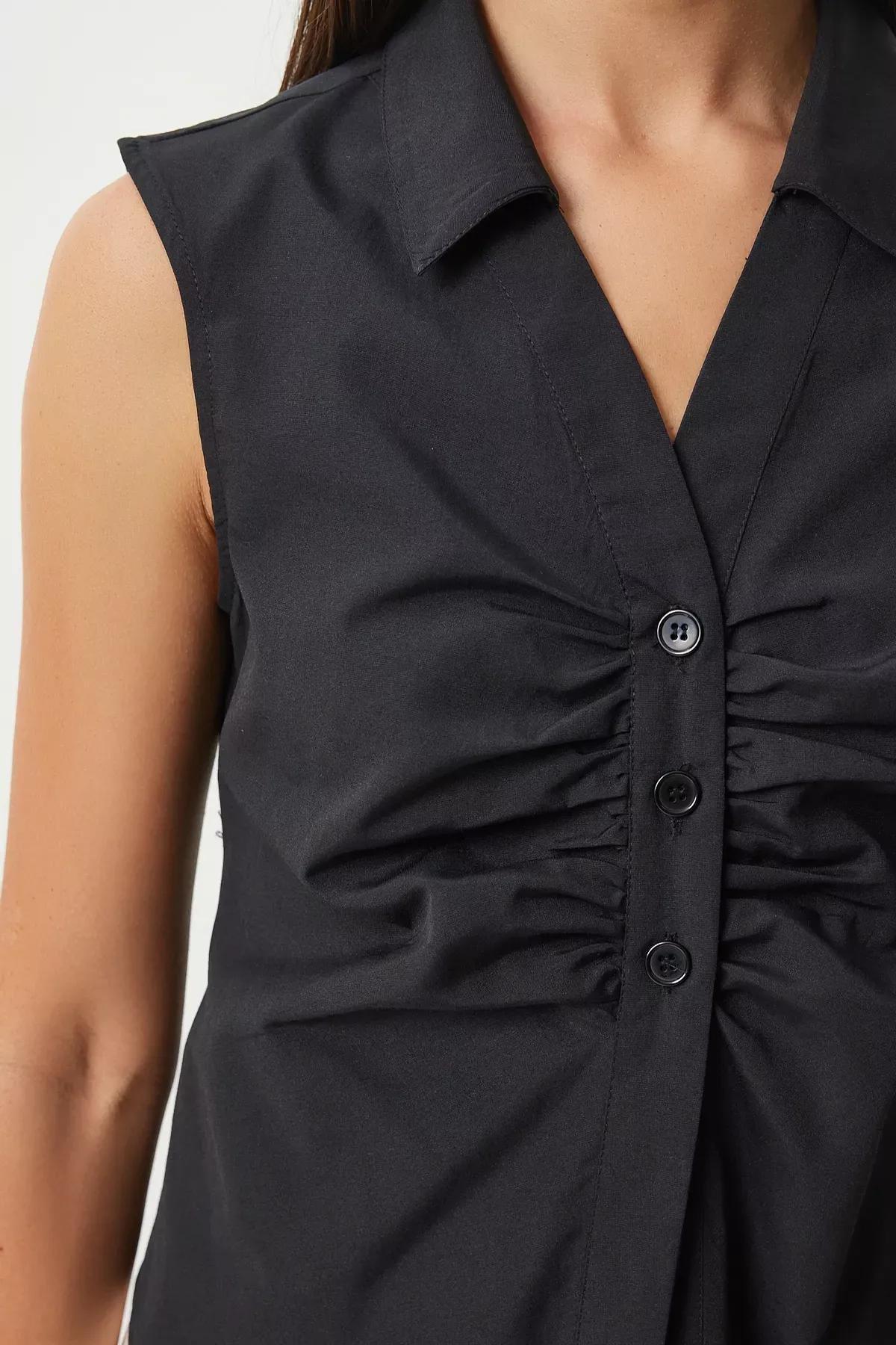 Black Drawstring Detailed Sleeveless Shirt, , large image number 3