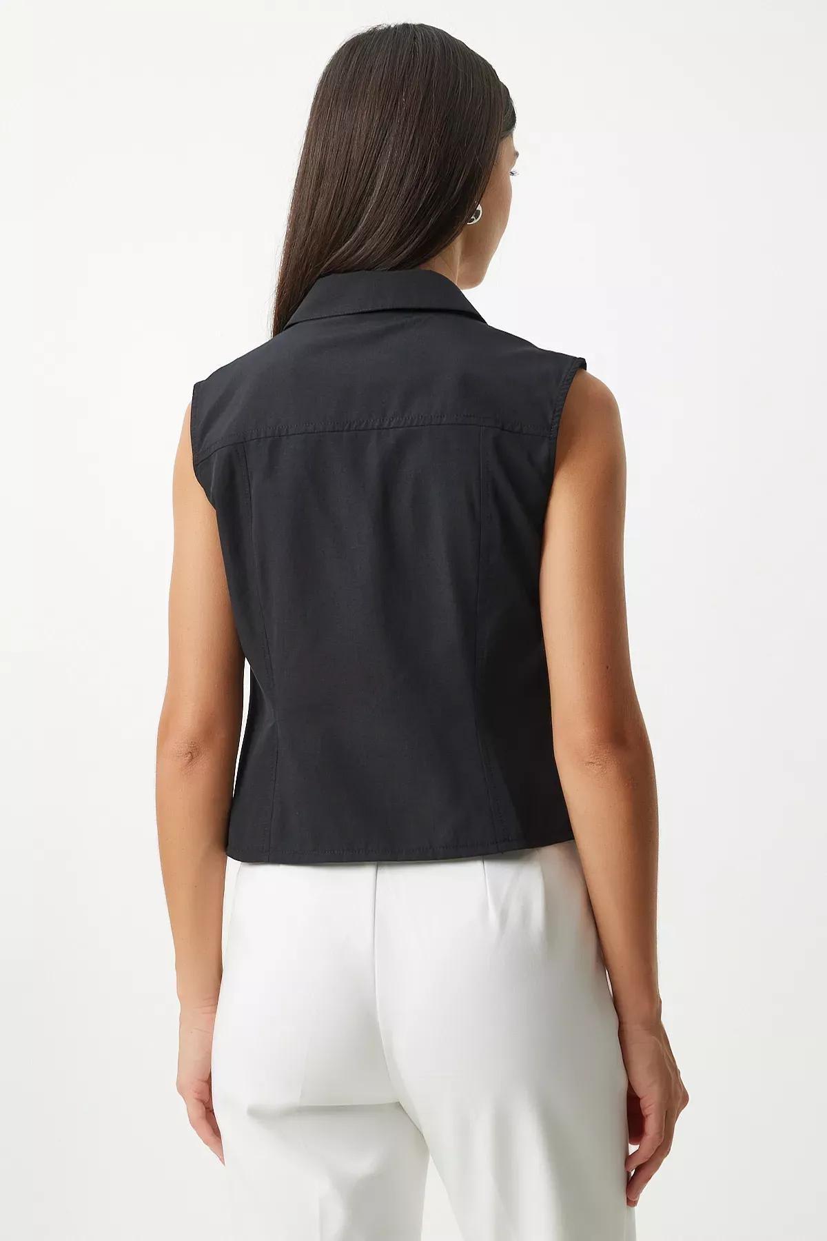 Black Drawstring Detailed Sleeveless Shirt, , large image number 4