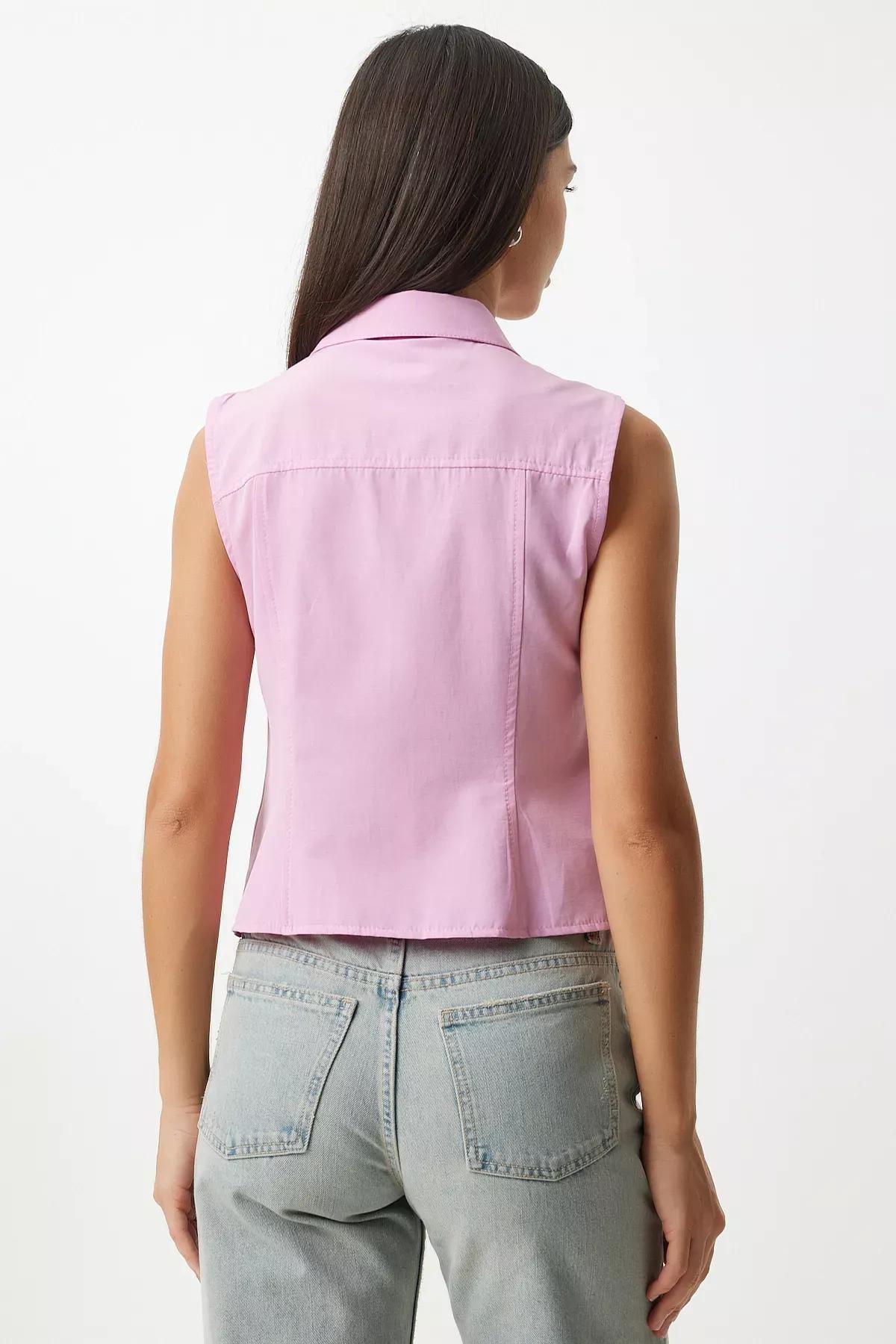 Pink Drawstring Detailed Sleeveless Shirt, Pink, large image number 4
