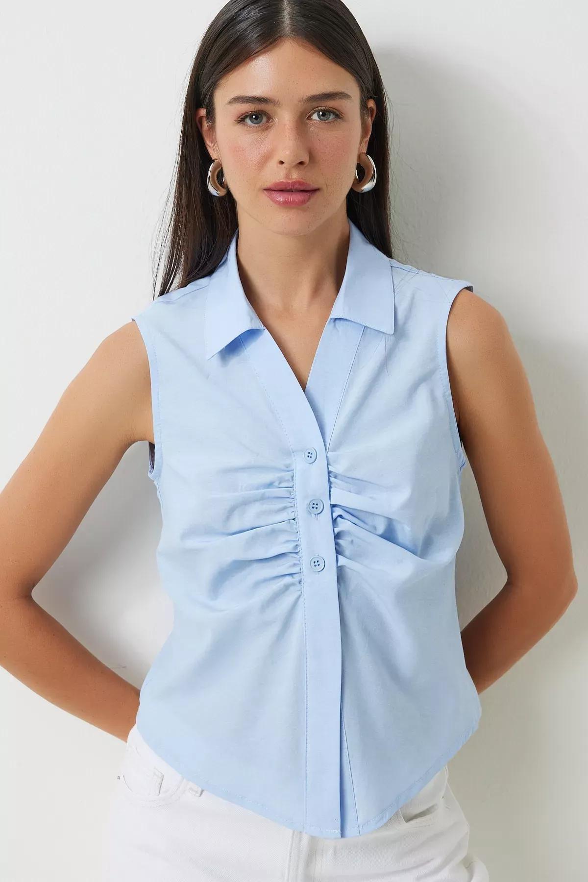 Blue Gathering Detailed Sleeveless Shirt, SKY BLUE, large image number 0