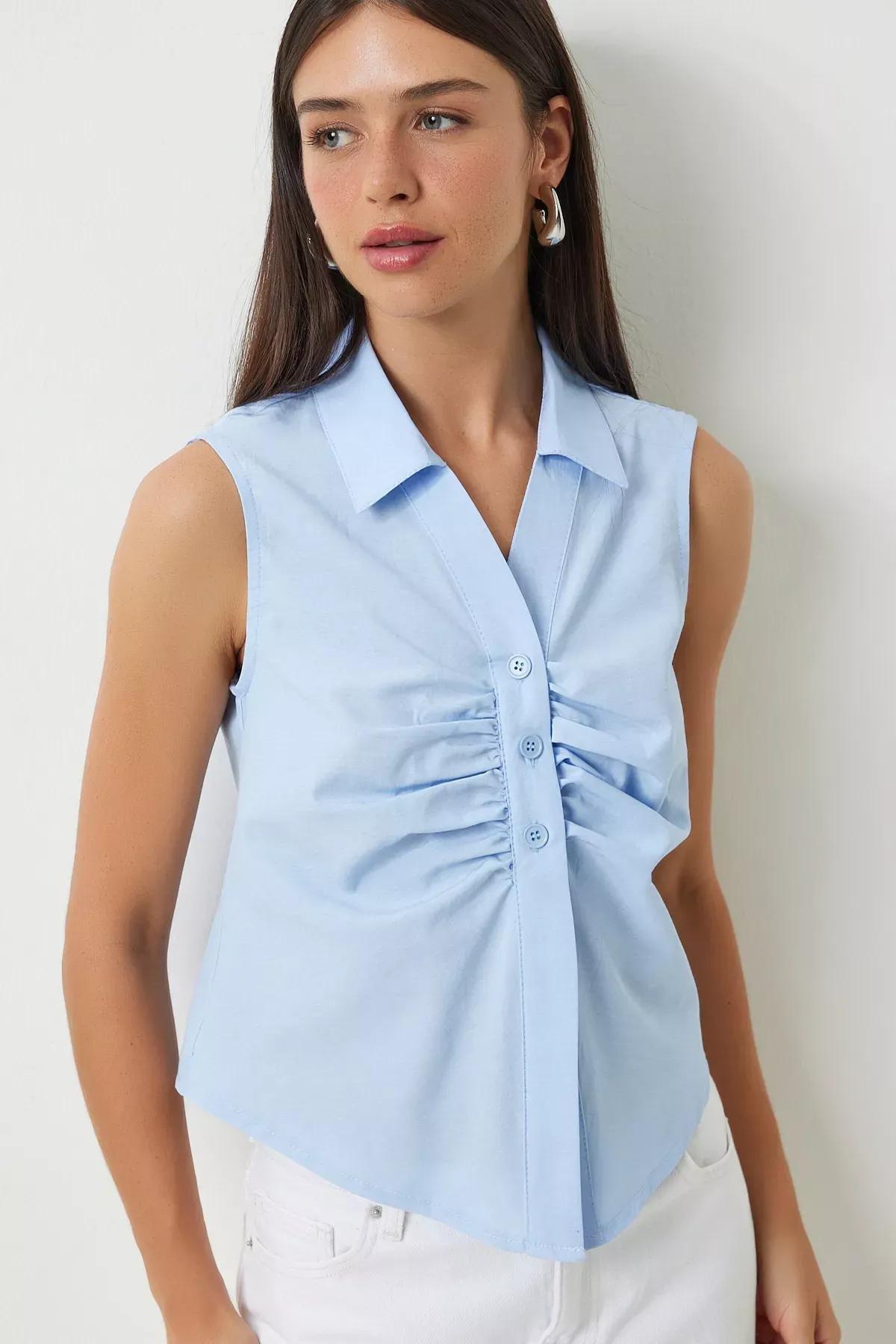 Blue Gathering Detailed Sleeveless Shirt, SKY BLUE, large image number 1