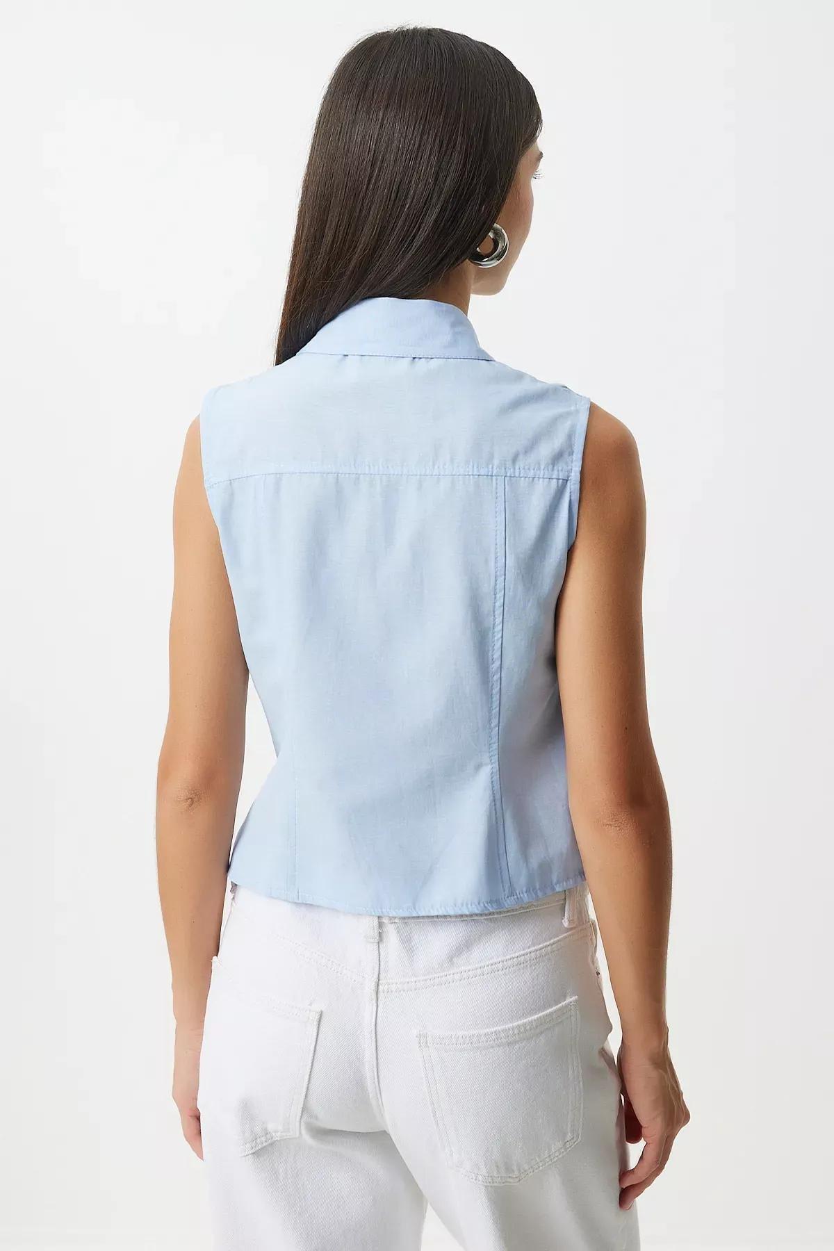 Blue Gathering Detailed Sleeveless Shirt, SKY BLUE, large image number 3