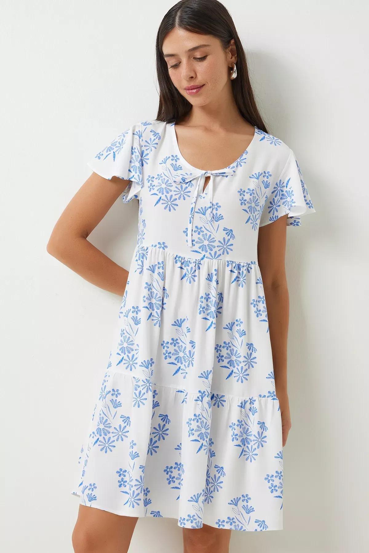 White Floral Summer Flared Dress, White Blue, large image number 0