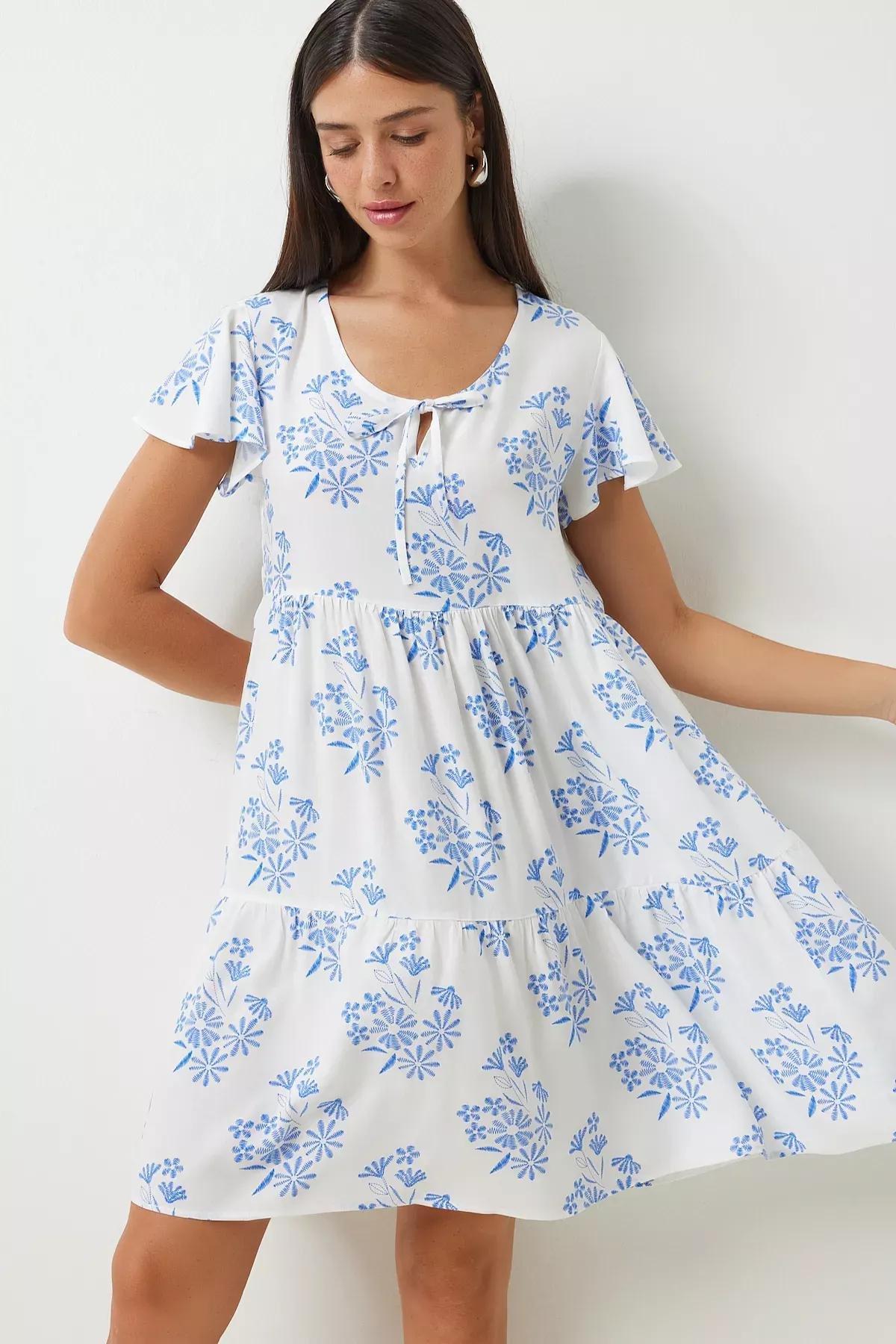White Floral Summer Flared Dress, White Blue, large image number 1