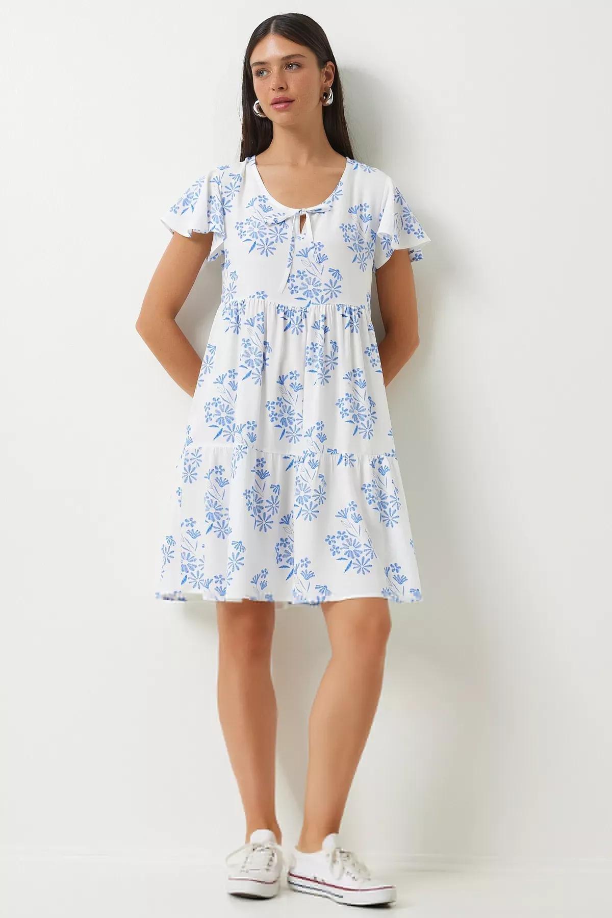 White Floral Summer Flared Dress, White Blue, large image number 2