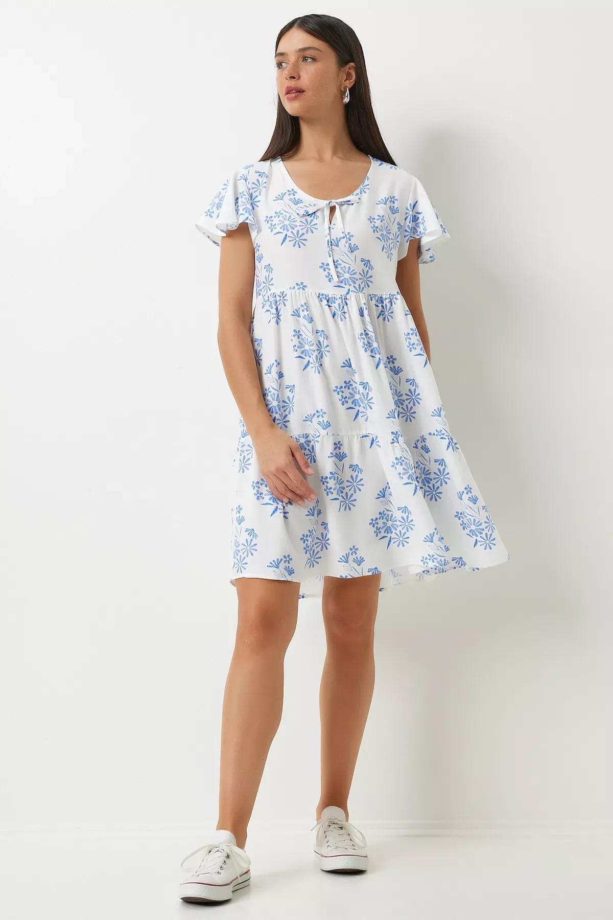 White Floral Summer Flared Dress, White Blue, large image number 3