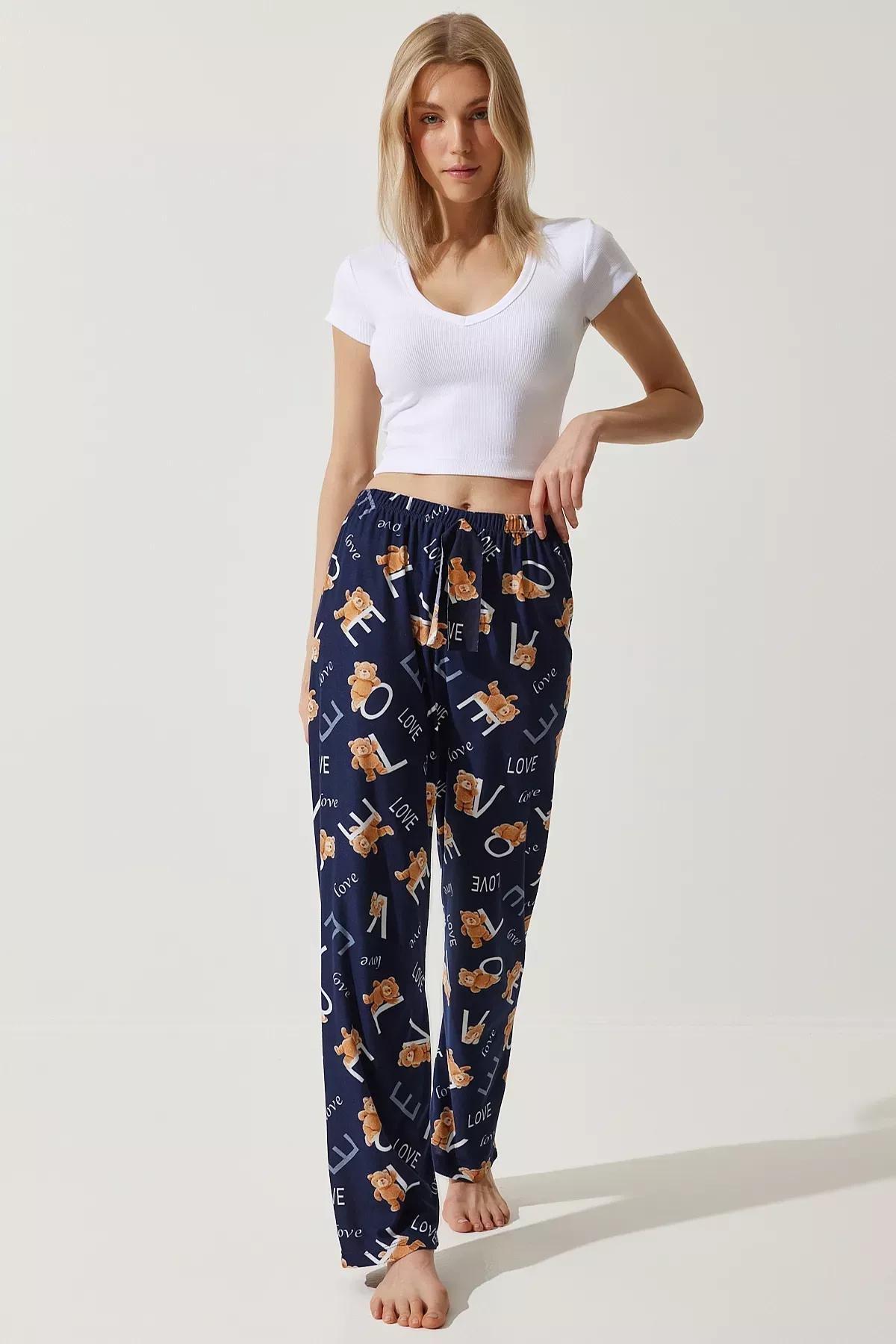 Womens Navy Blue Patterned Soft Textured Knitted Pajamas GF00002, single, , large image number 0