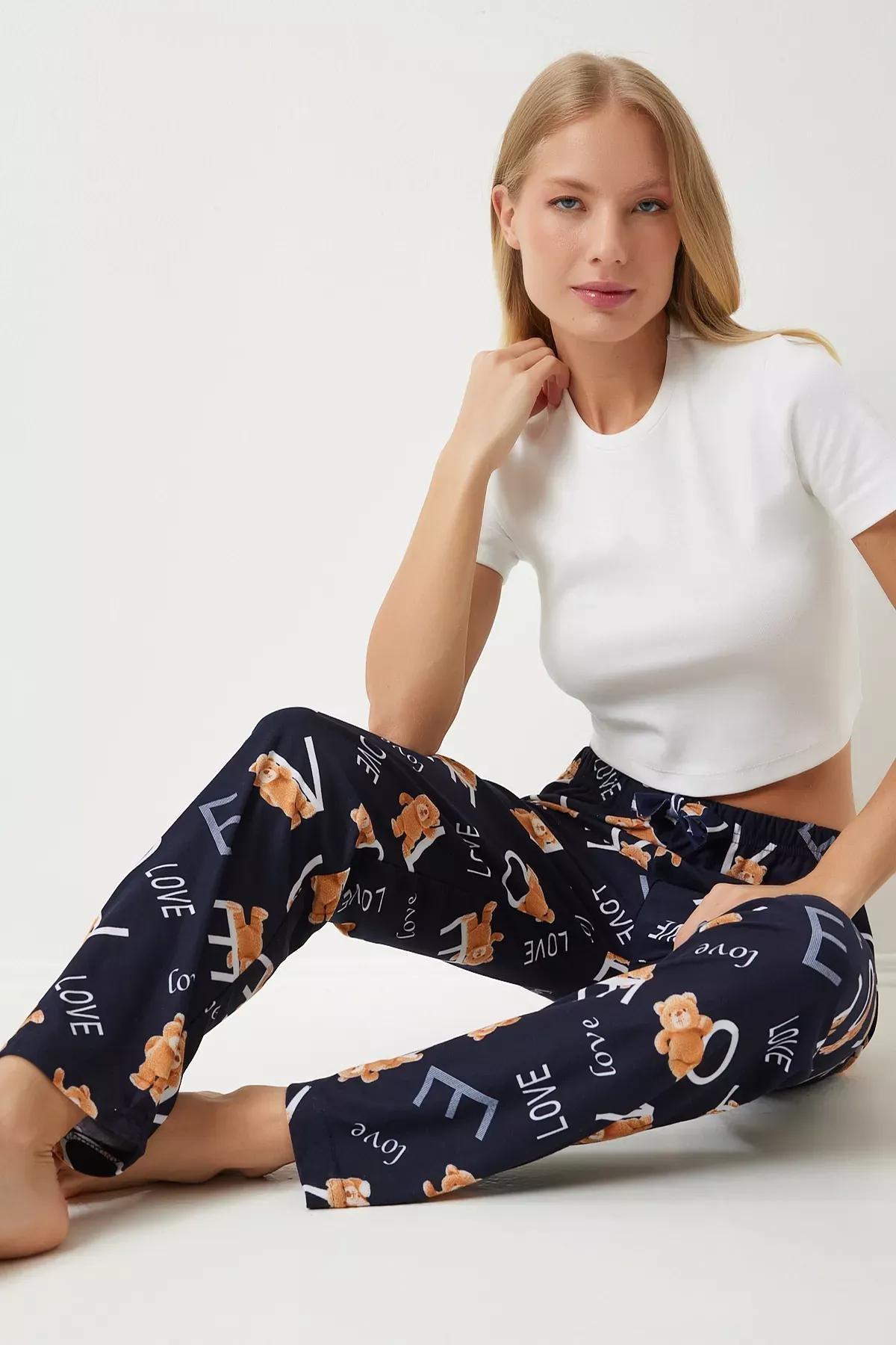 Womens Vivid Black Patterned Soft Textured Knitted Pajamas GF00002, single, , large image number 0