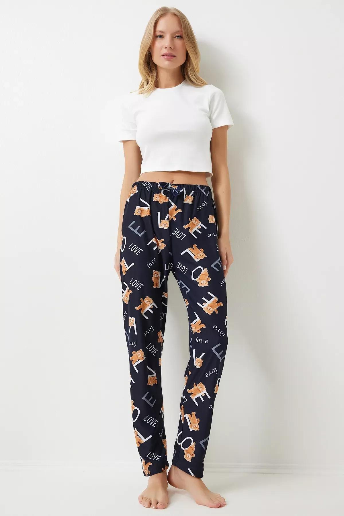 Womens Vivid Black Patterned Soft Textured Knitted Pajamas GF00002, single, , large image number 1