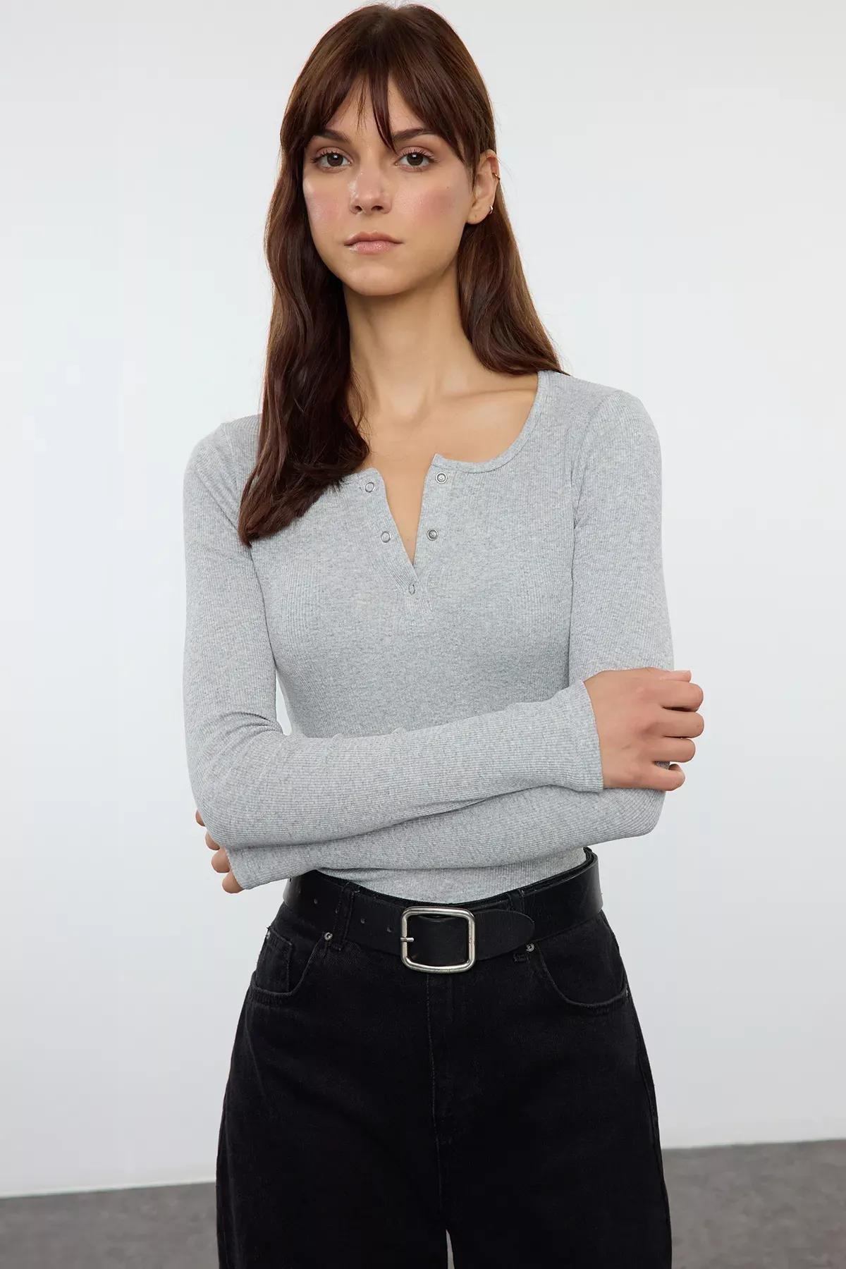 Grey Snap Ribbed Knit Blouse, GRAY MELANGE, large image number 0