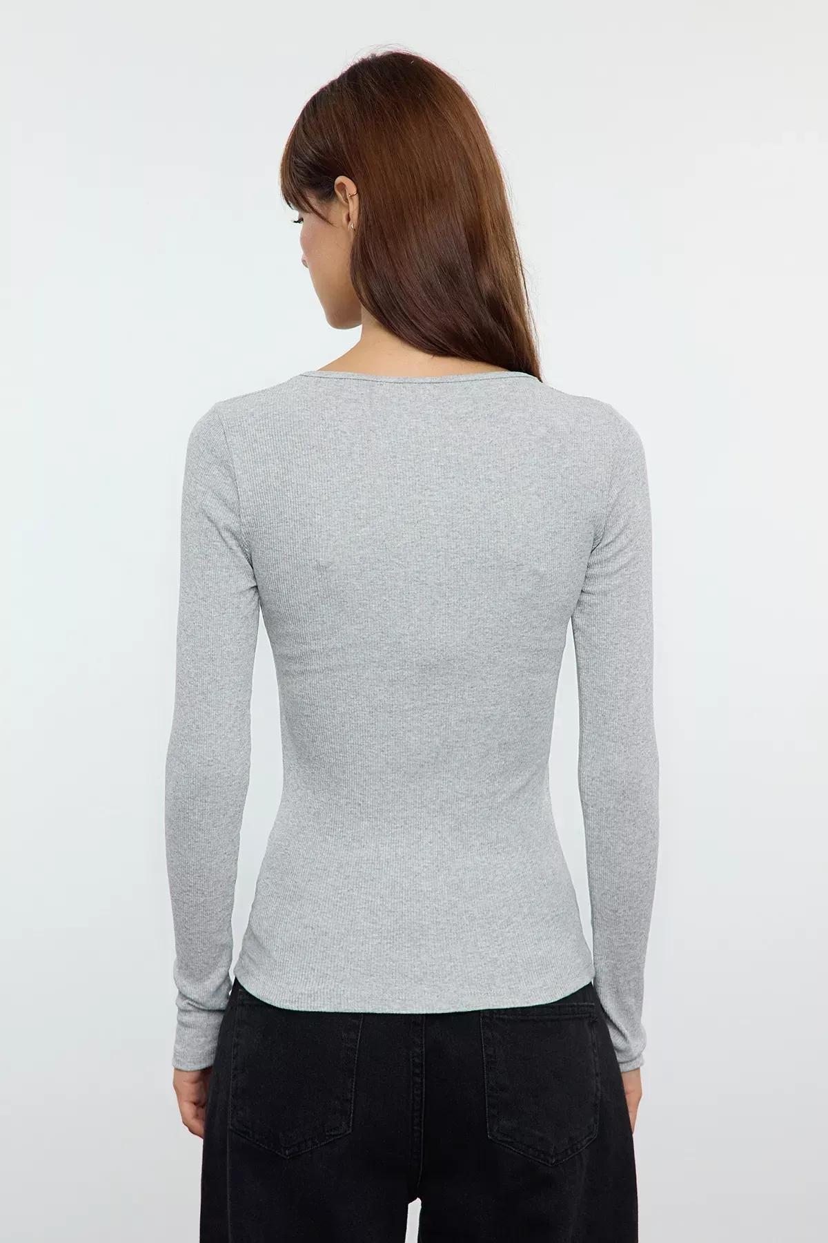 Grey Snap Ribbed Knit Blouse, GRAY MELANGE, large image number 4