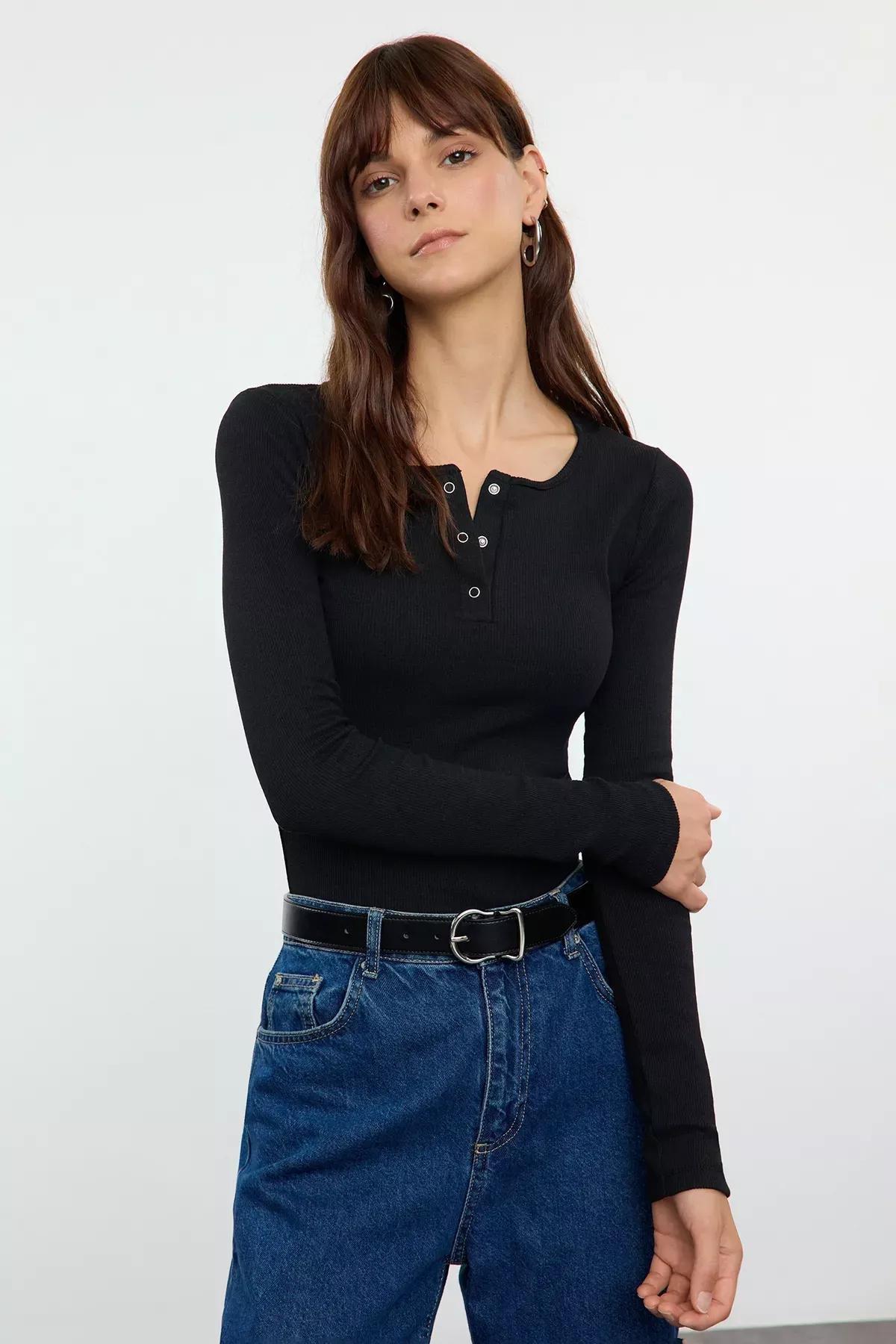 Black Snap Front Fitted Blouse, , large image number 0
