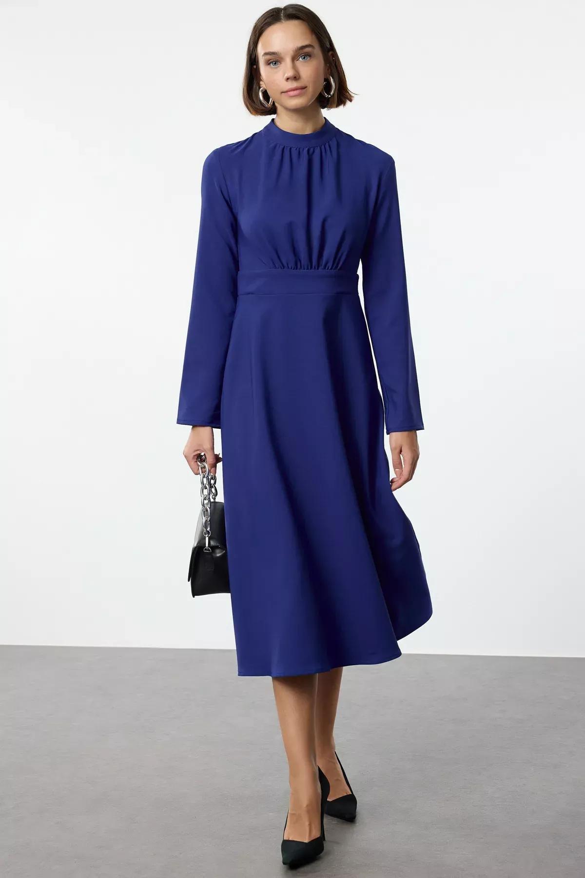 Blue Skater Waist Open Midi Dress, Sax, large image number 0