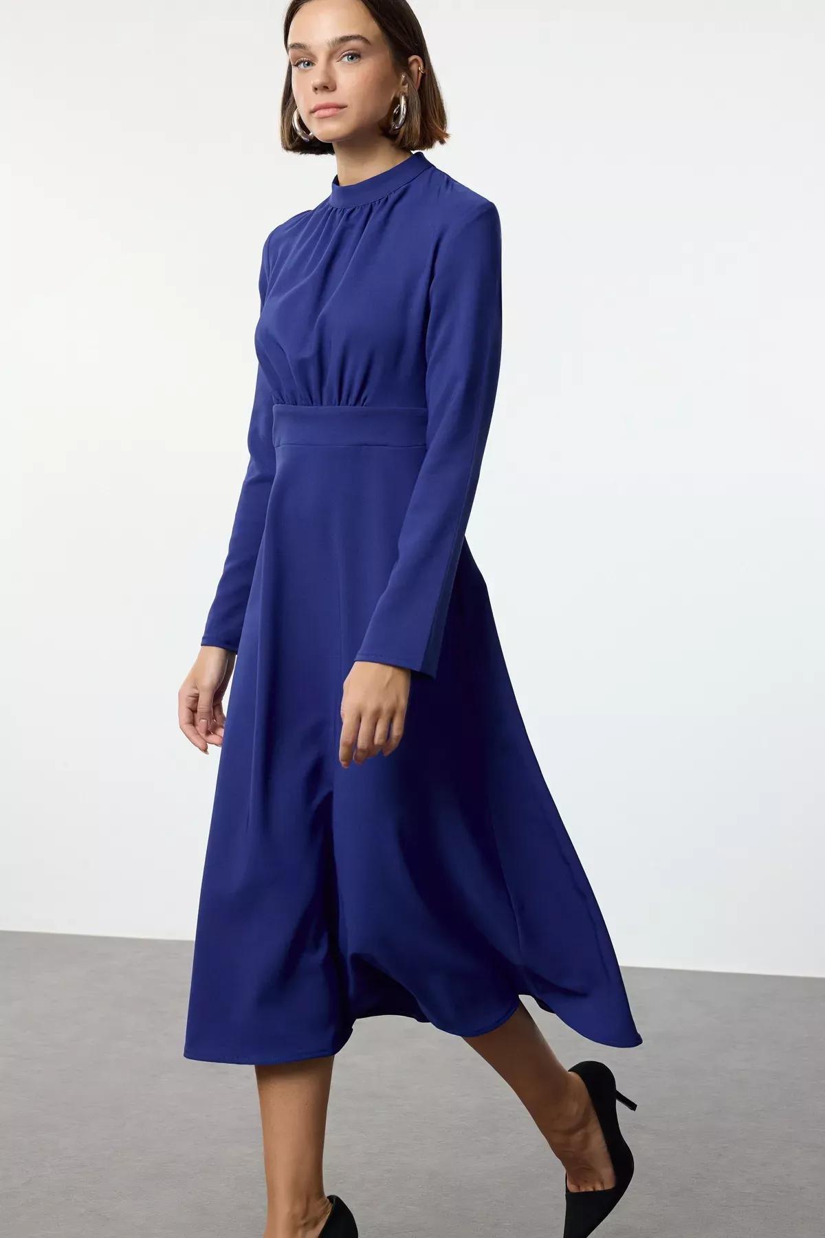 Blue Skater Waist Open Midi Dress, Sax, large image number 1