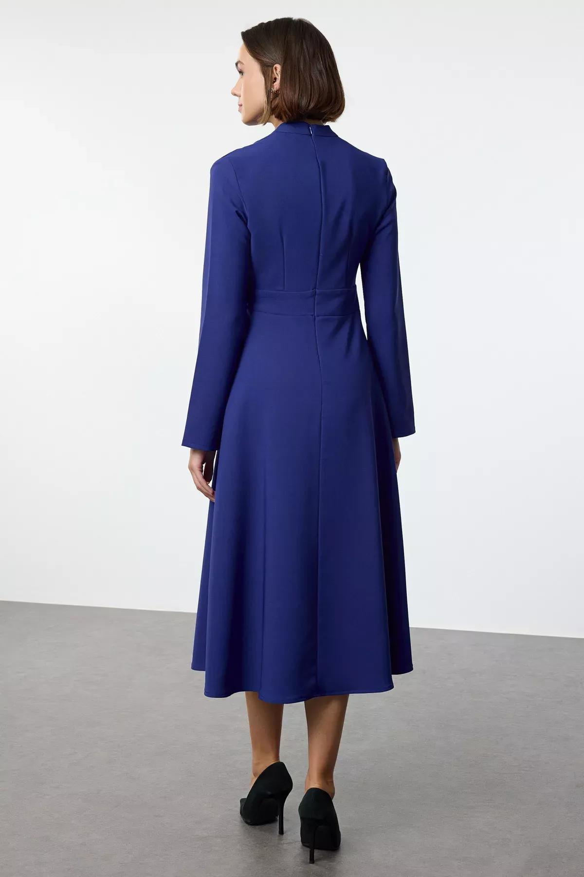 Blue Skater Waist Open Midi Dress, Sax, large image number 4