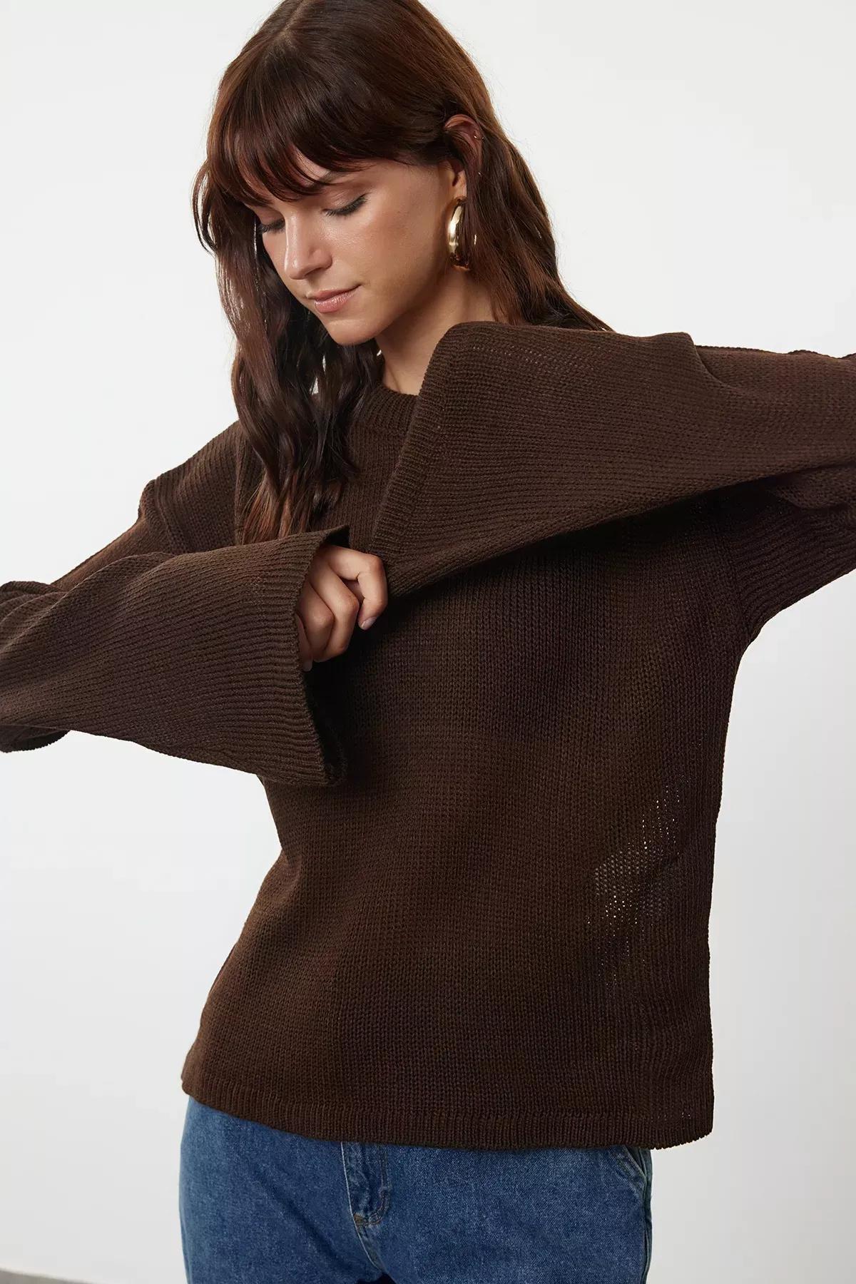 Brown Wide Crew Neck Sweater, , large image number 2