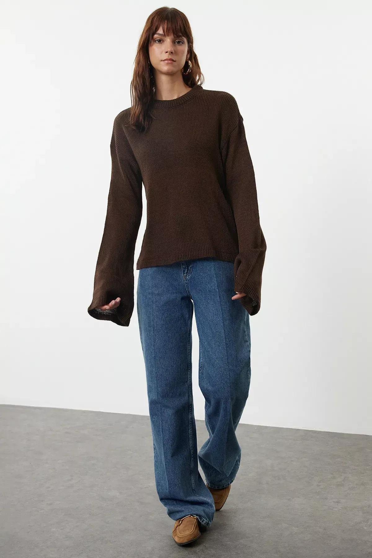 Brown Wide Crew Neck Sweater, , large image number 3
