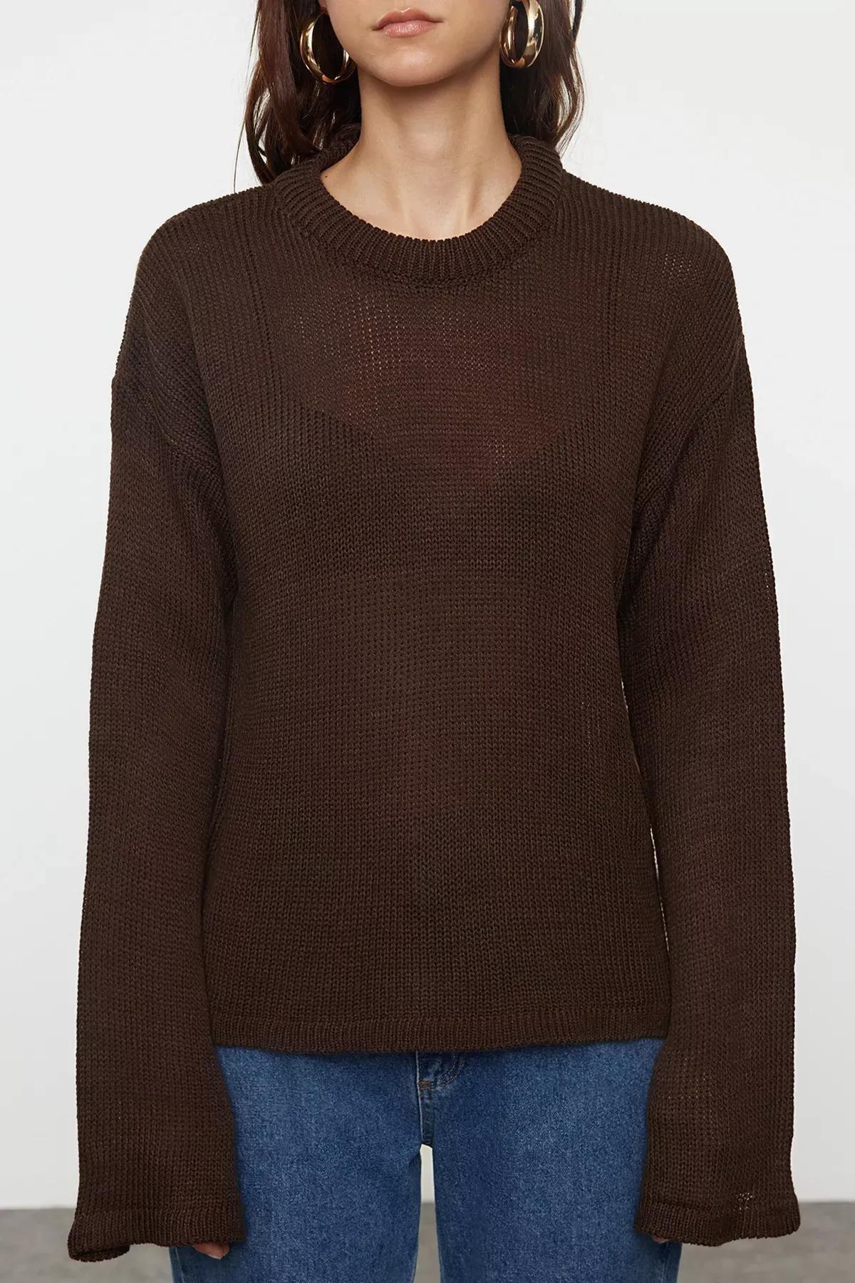 Brown Wide Crew Neck Sweater, , large image number 4