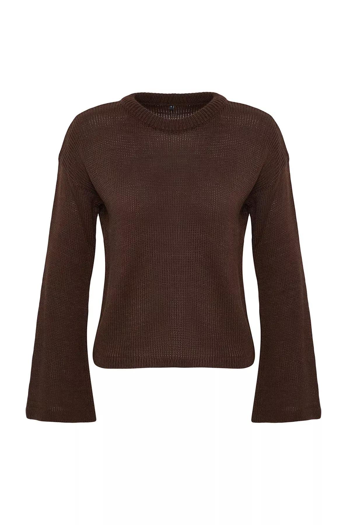 Brown Wide Crew Neck Sweater, , large image number 6