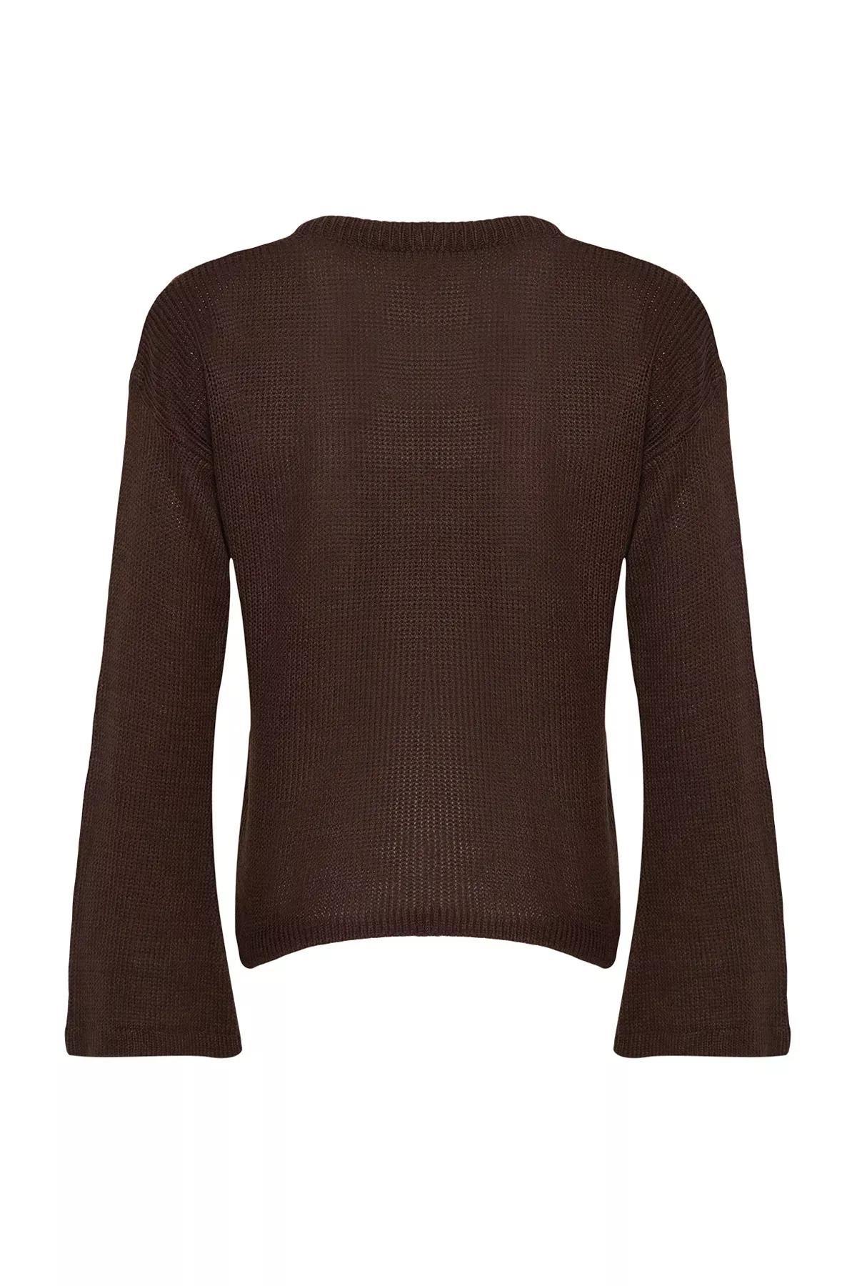 Brown Wide Crew Neck Sweater, , large image number 7