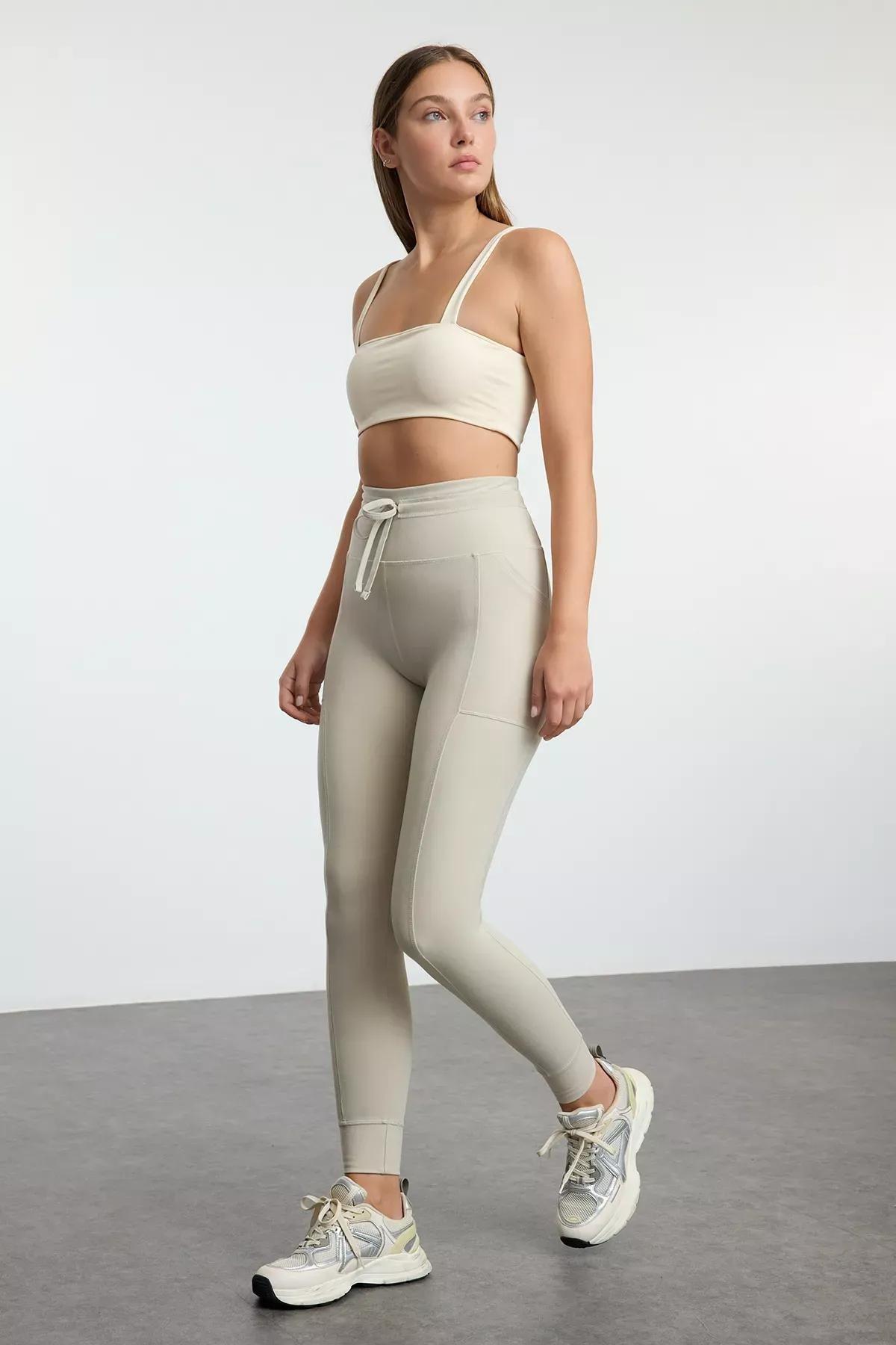 Grey Full Length Sports Tights, STONE, large image number 4