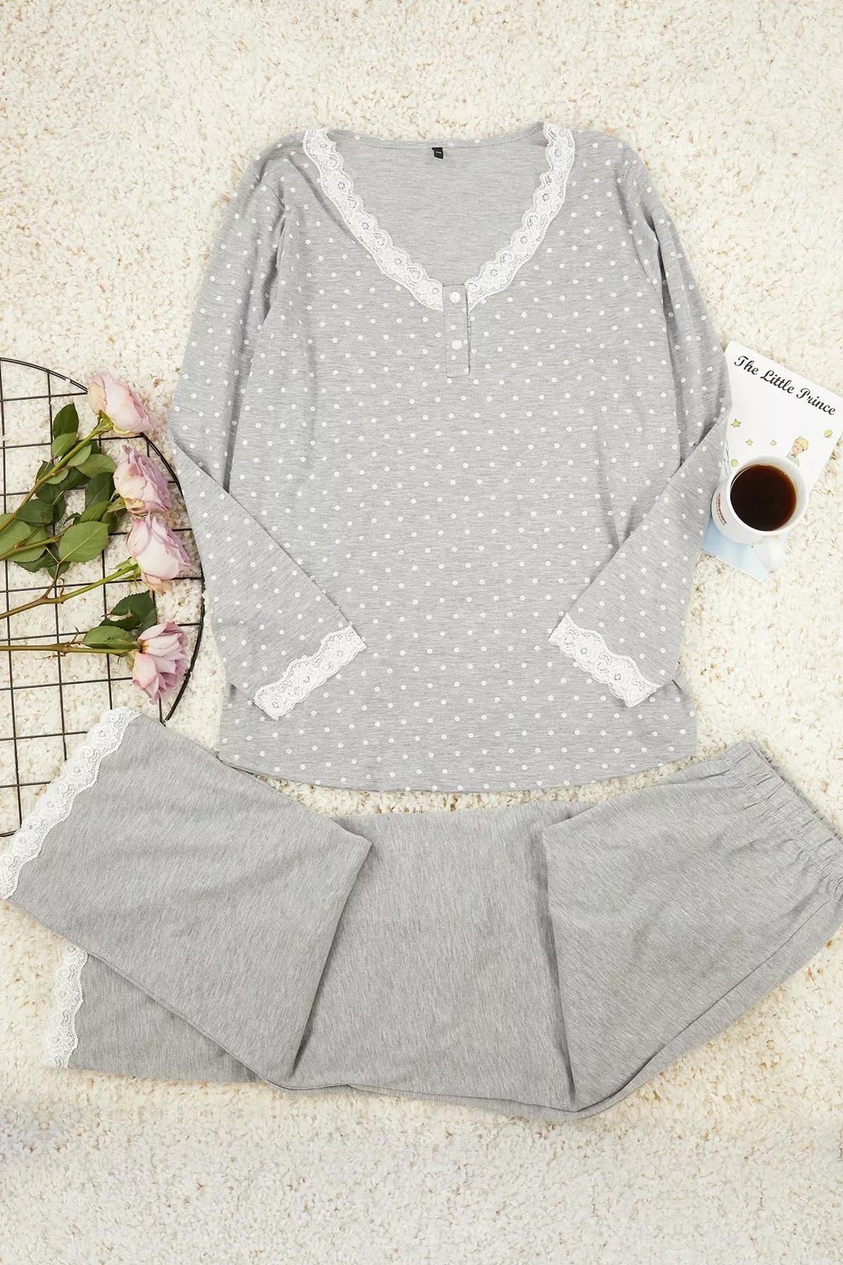 Gray Polka Dot Collar Lace Detailed Knitted Pajama Set TBBAW25AI00034, 2s, Grey, large image number 0