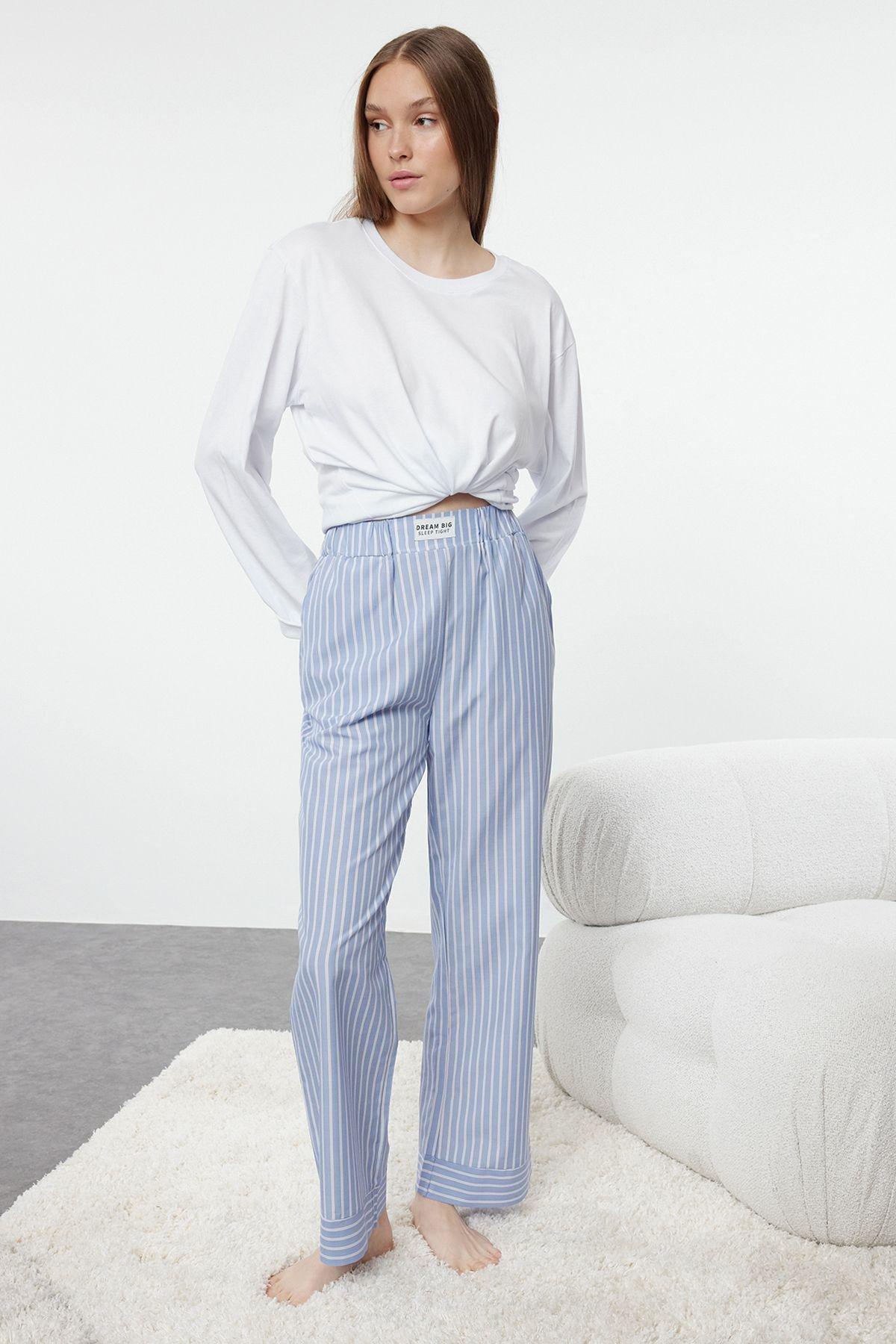Blue Striped Label Detailed Woven Pajama Bottoms THMAW25PJ00001, Single item, C101_99, large image number 0