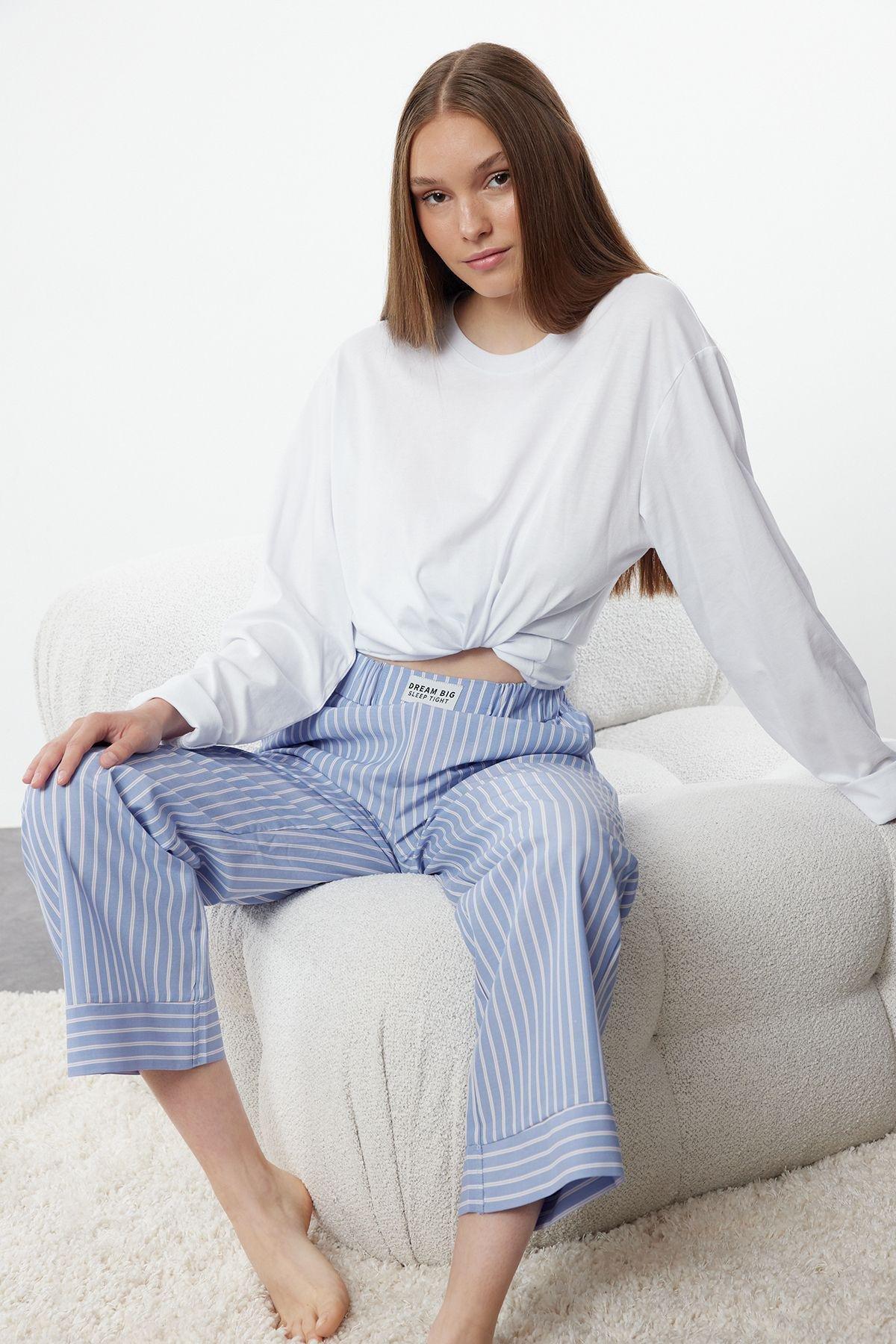 Blue Striped Label Detailed Woven Pajama Bottoms THMAW25PJ00001, Single item, C101_99, large image number 1