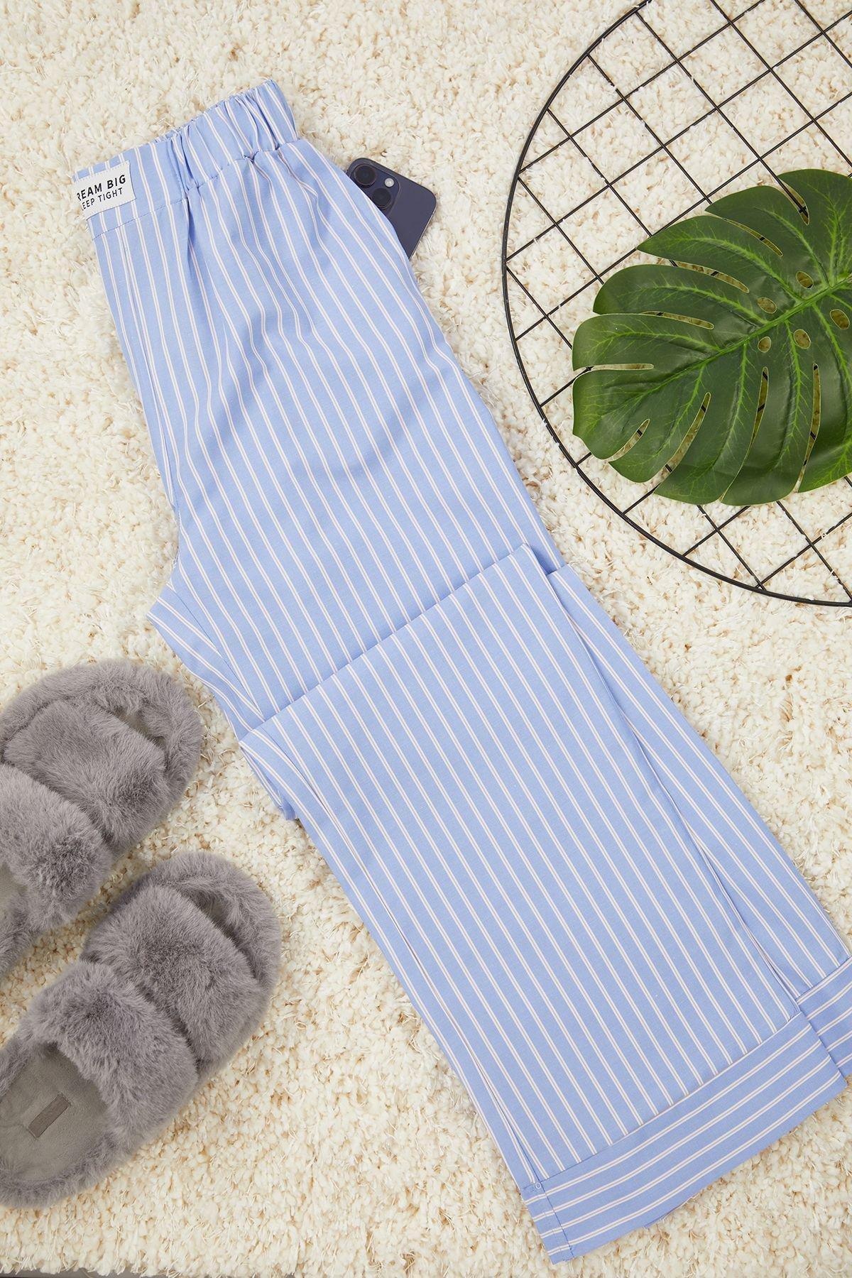 Blue Striped Label Detailed Woven Pajama Bottoms THMAW25PJ00001, Single item, C101_99, large image number 2