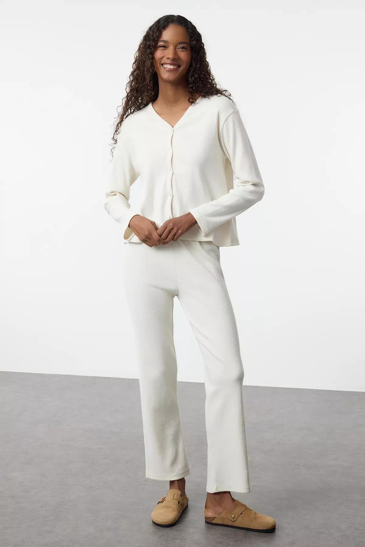 Beige Brushed Ribbed Knitted Pyjamas Set, Ecru, large image number 2