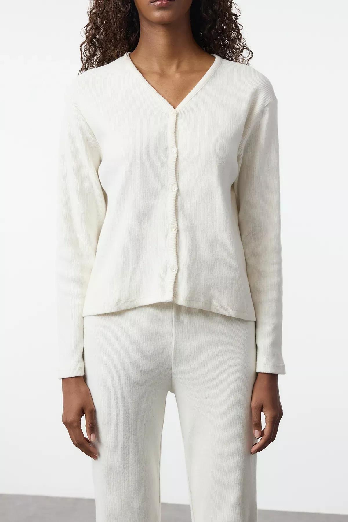 Beige Brushed Ribbed Knitted Pyjamas Set, Ecru, large image number 3